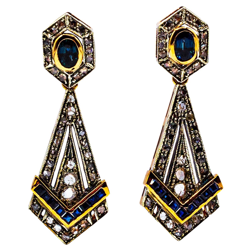 Art Deco Style White Rose Cut Diamond Blue Sapphire Yellow Gold Drop Earrings For Sale