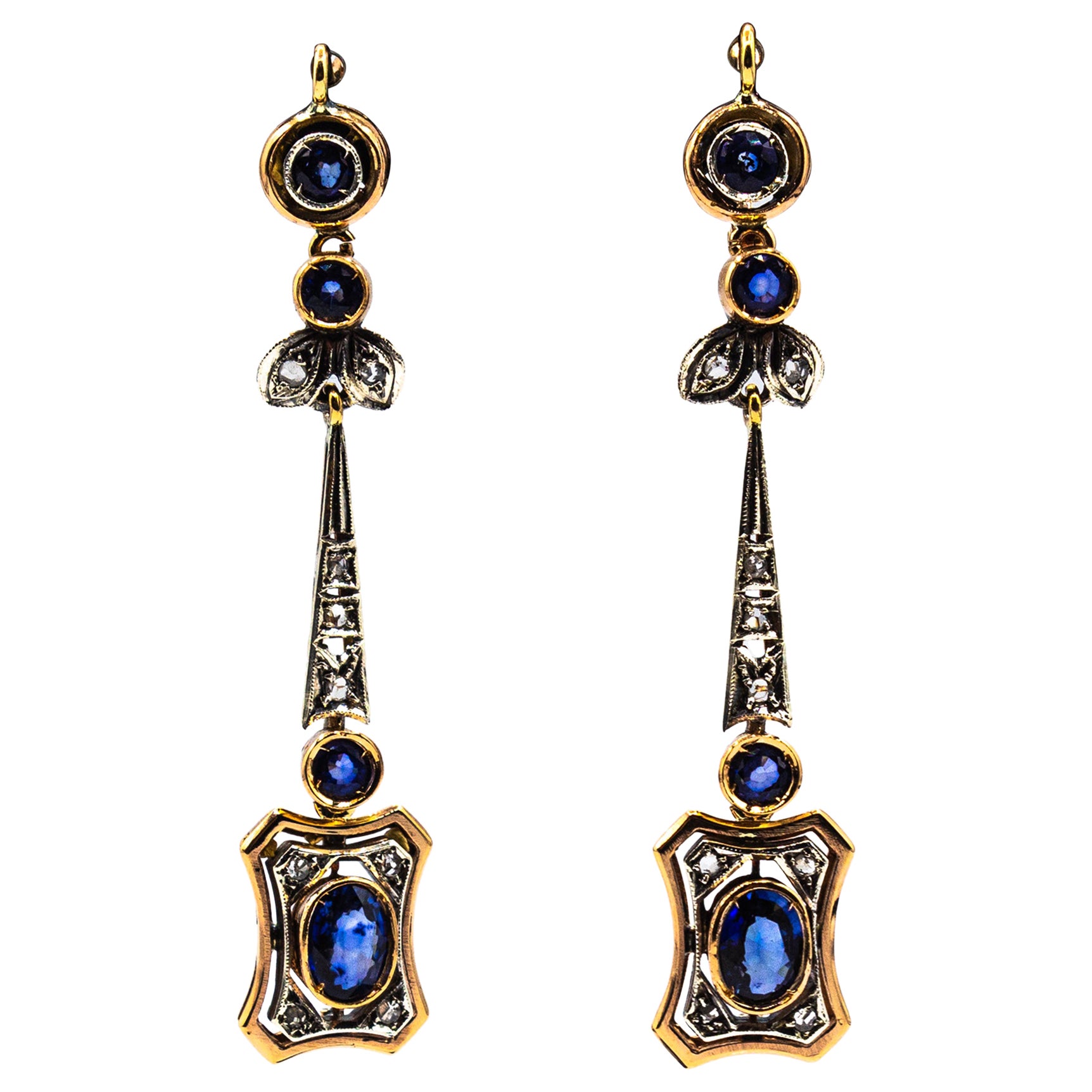 Art Deco Style White Rose Cut Diamond Blue Sapphire Yellow Gold Drop Earrings For Sale