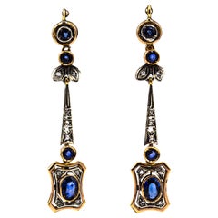 Gelbgold-Tropfen-Ohrringe im Art-déco-Stil mit weißem Diamanten im Rosenschliff und blauem Saphir