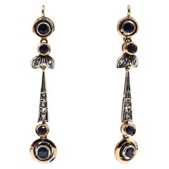 Art Deco Style White Rose Cut Diamond Blue Sapphire Yellow Gold Drop Earrings