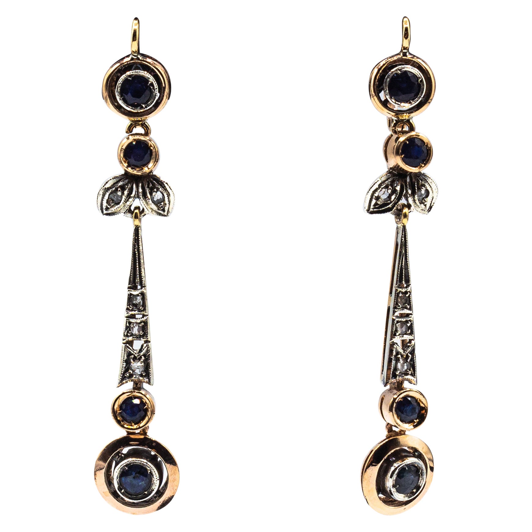 Art Deco Style White Rose Cut Diamond Blue Sapphire Yellow Gold Drop Earrings