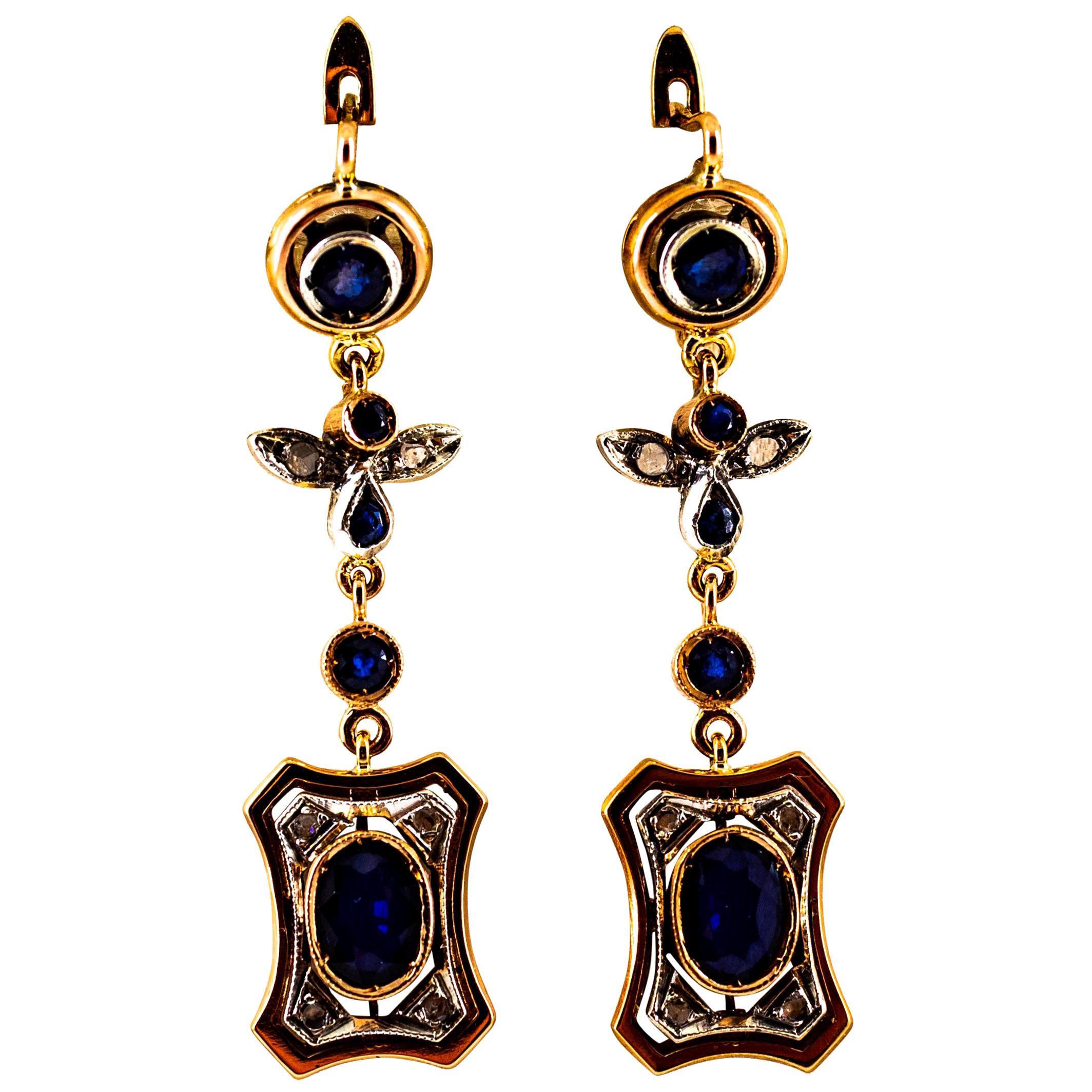 Pendientes de oro amarillo estilo art déco con diamante blanco talla rosa y zafiro azul en venta