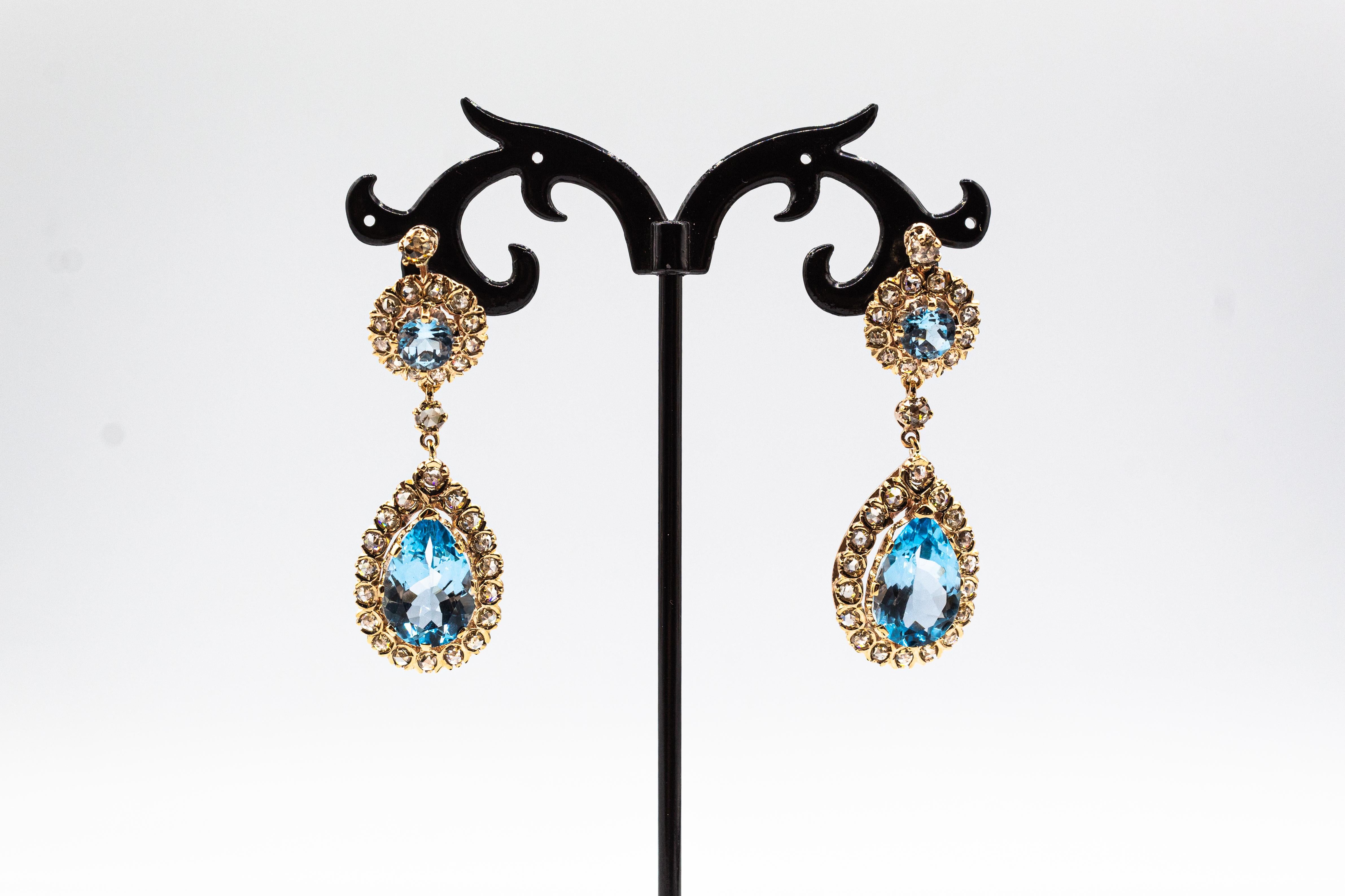 Art Deco Style White Rose Cut Diamond Blue Topaz Yellow Gold Lever-Back Earrings In New Condition For Sale In Naples, IT