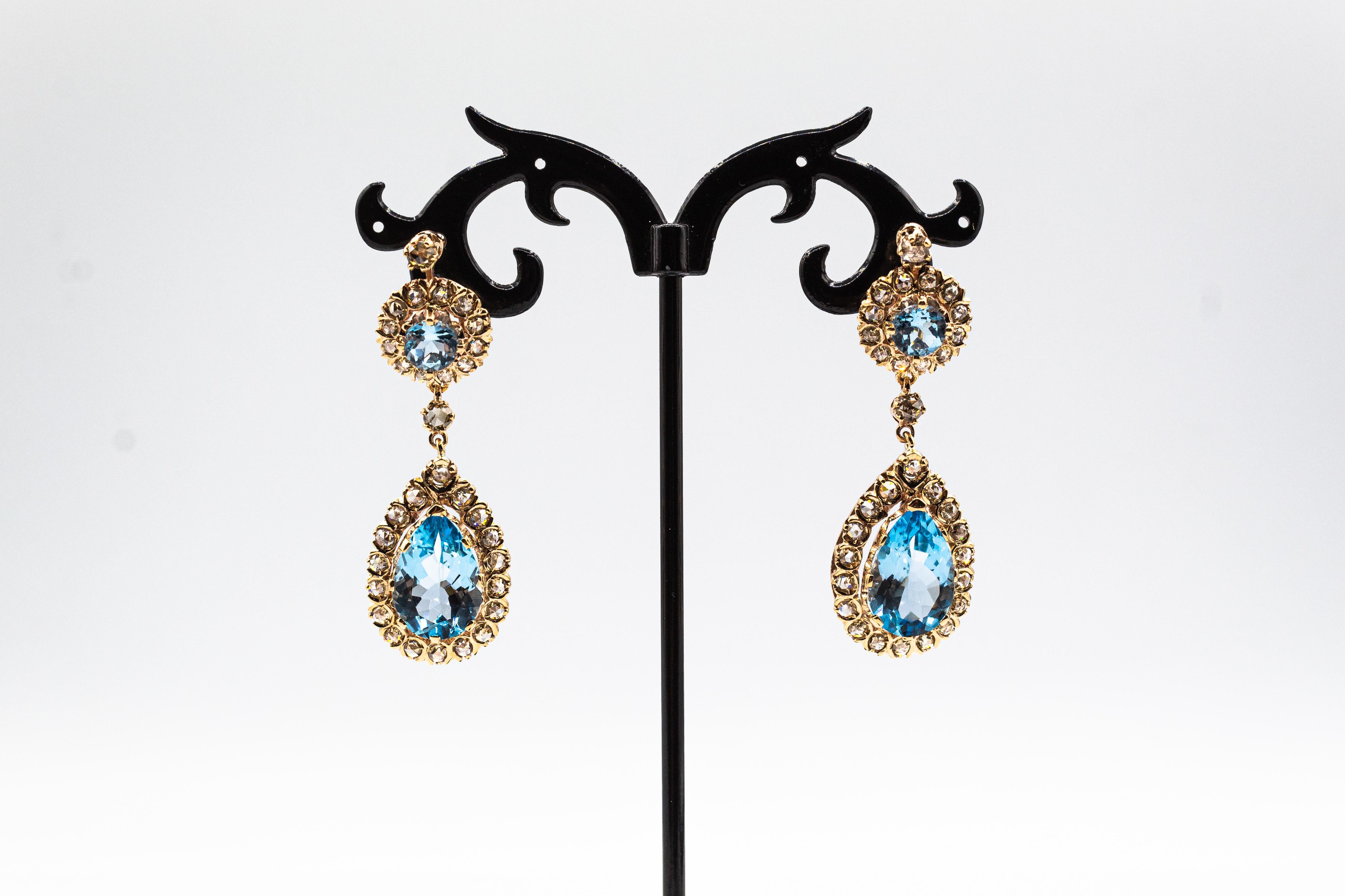 Women's or Men's Art Deco Style White Rose Cut Diamond Blue Topaz Yellow Gold Lever-Back Earrings For Sale