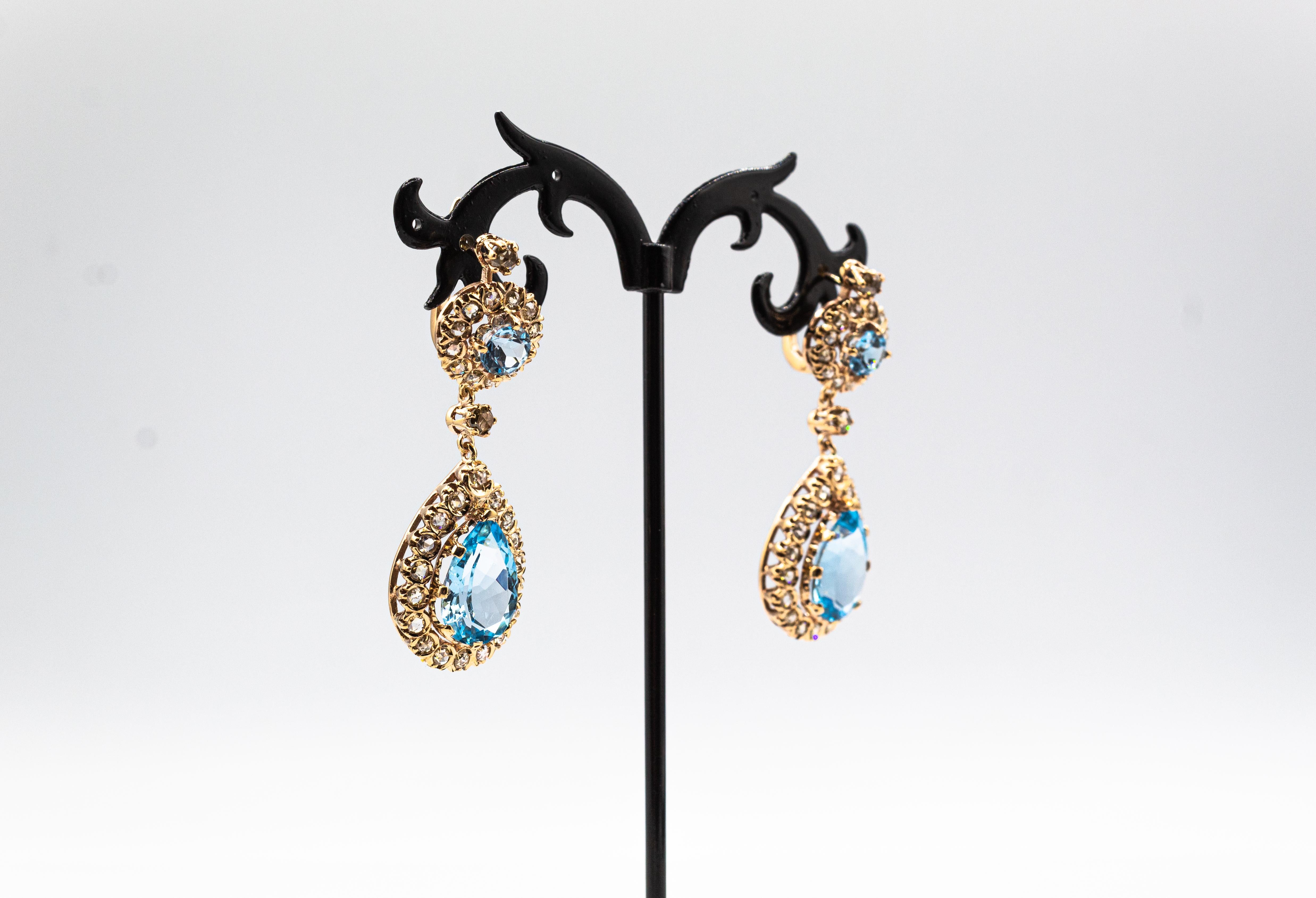 Art Deco Style White Rose Cut Diamond Blue Topaz Yellow Gold Lever-Back Earrings For Sale 1