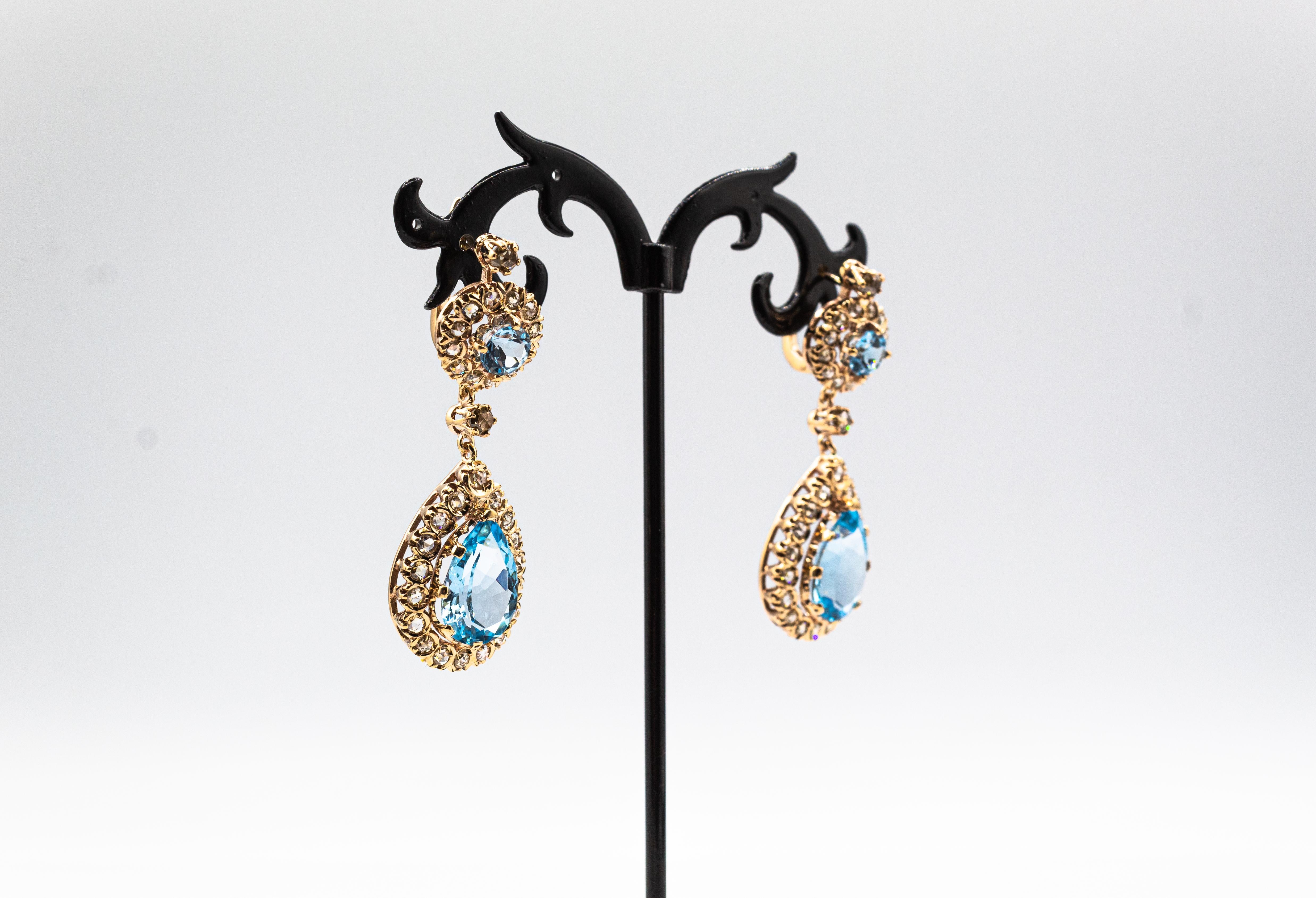 Boucles d'oreilles à levier de style Art déco en or jaune avec diamants blancs taille rose et topaze bleue Unisexe en vente
