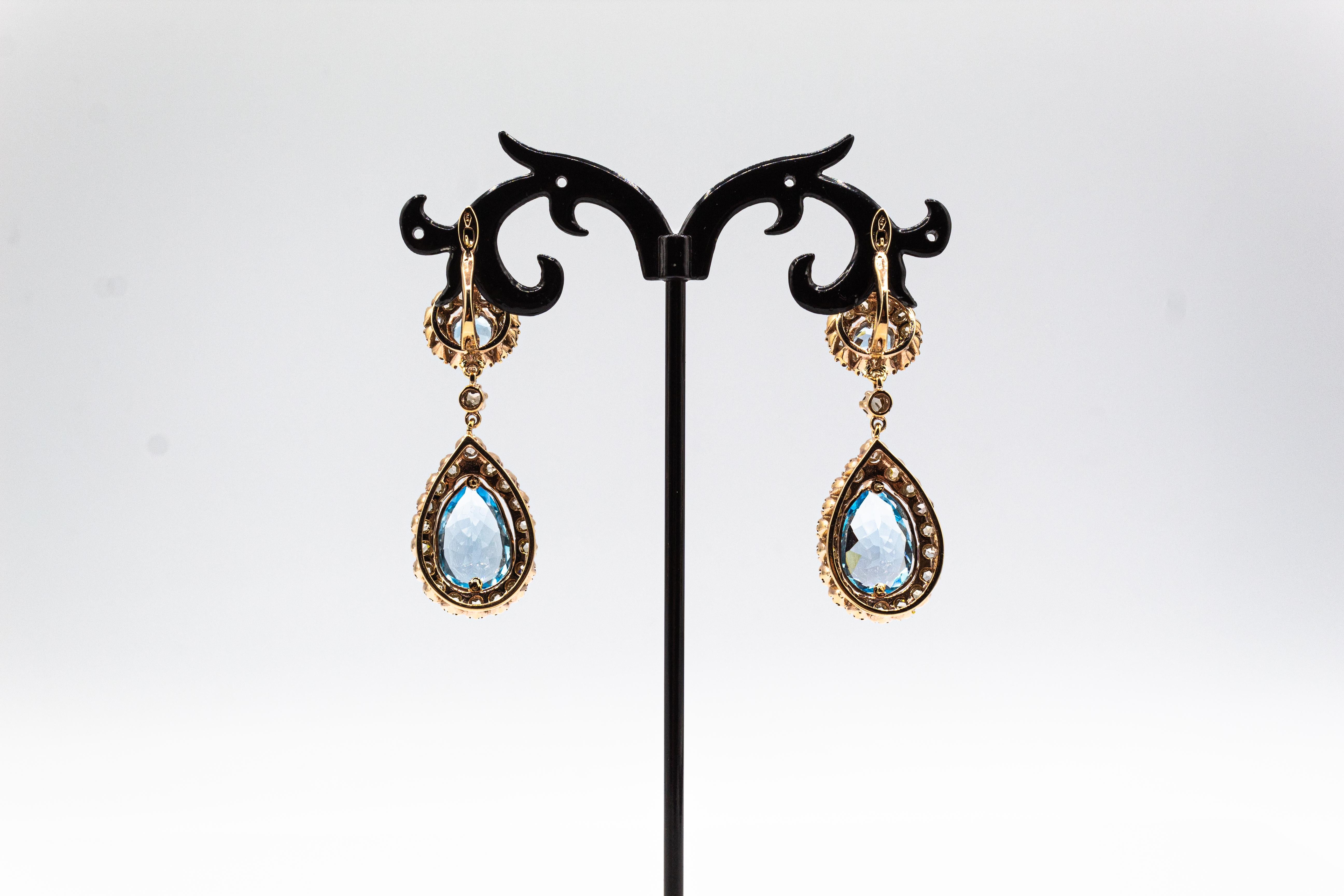 Art Deco Style White Rose Cut Diamond Blue Topaz Yellow Gold Lever-Back Earrings For Sale 2