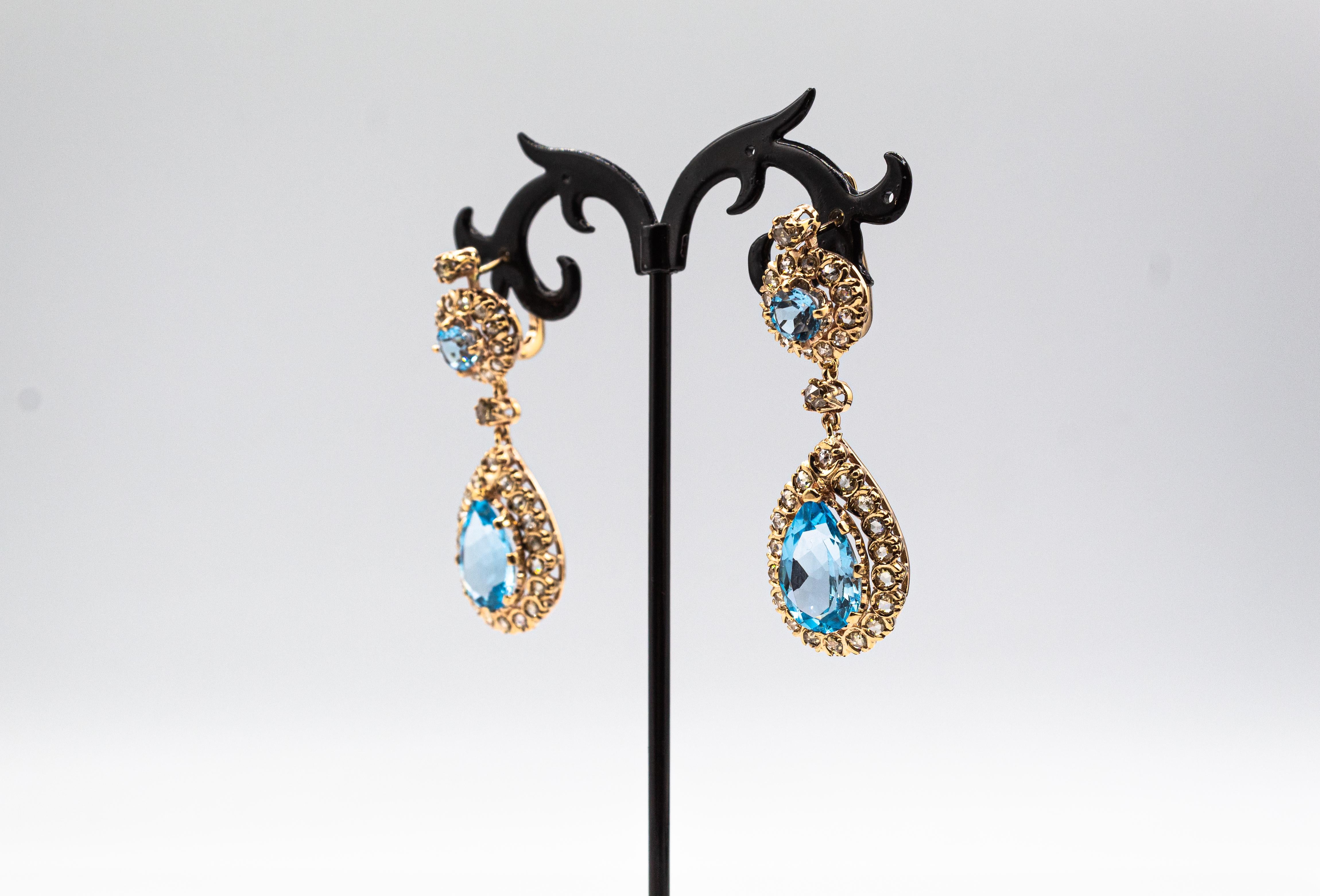 Boucles d'oreilles à levier de style Art déco en or jaune avec diamants blancs taille rose et topaze bleue en vente 2