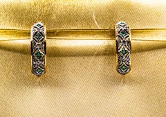 Art Deco Style White Rose Cut Diamond Emerald Yellow Gold Clip-On Earrings