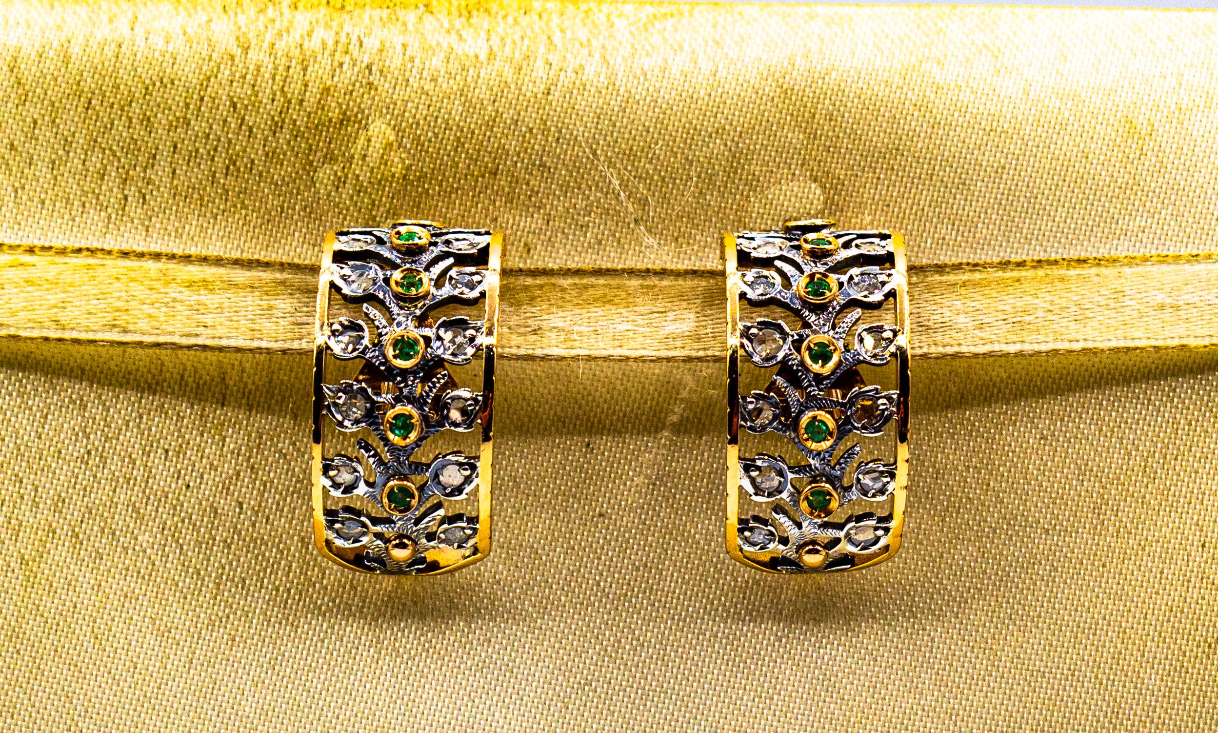 Art Deco Style White Rose Cut Diamond Emerald Yellow Gold Clip-On Earrings In New Condition For Sale In Naples, IT