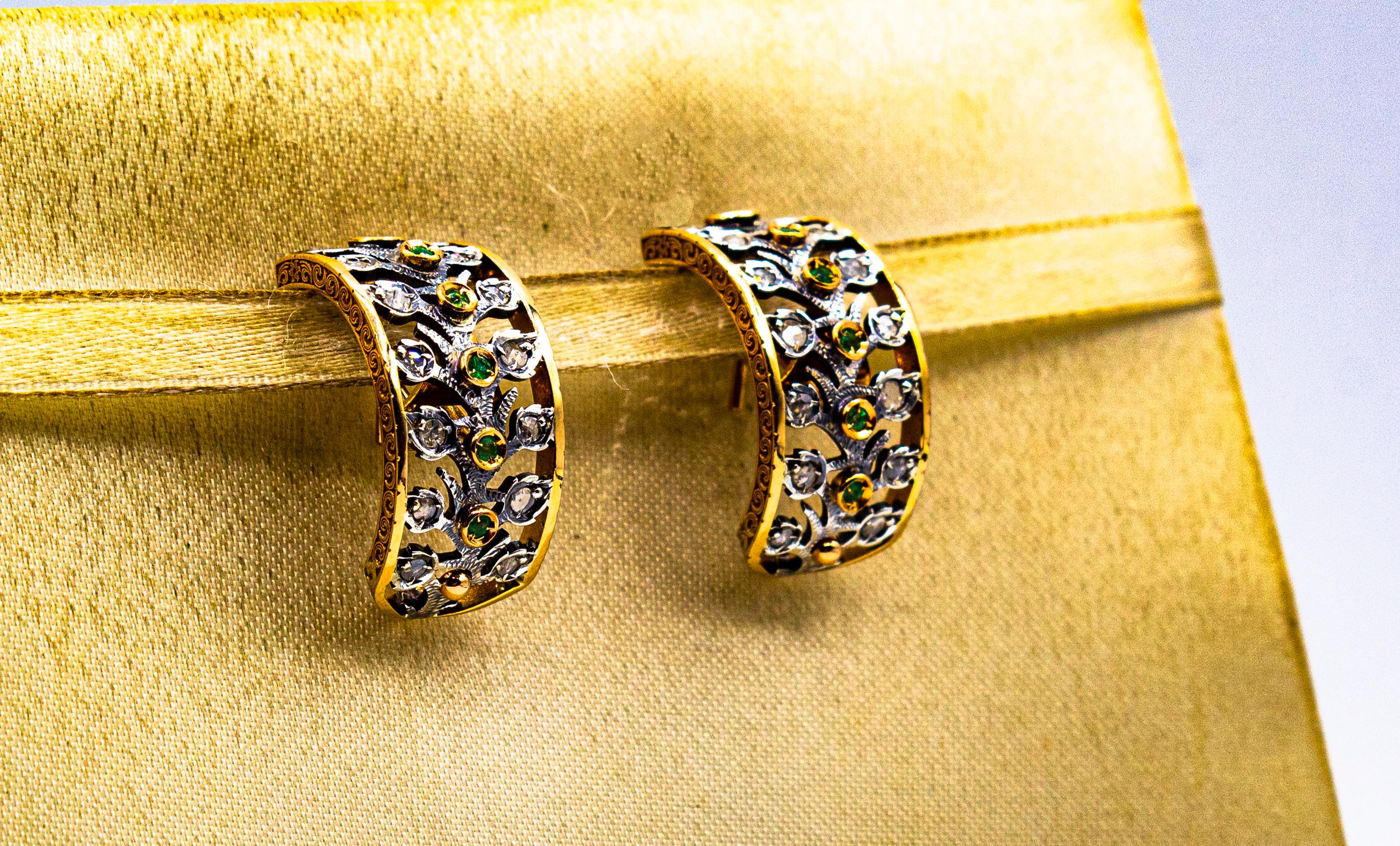 Women's or Men's Art Deco Style White Rose Cut Diamond Emerald Yellow Gold Clip-On Earrings For Sale