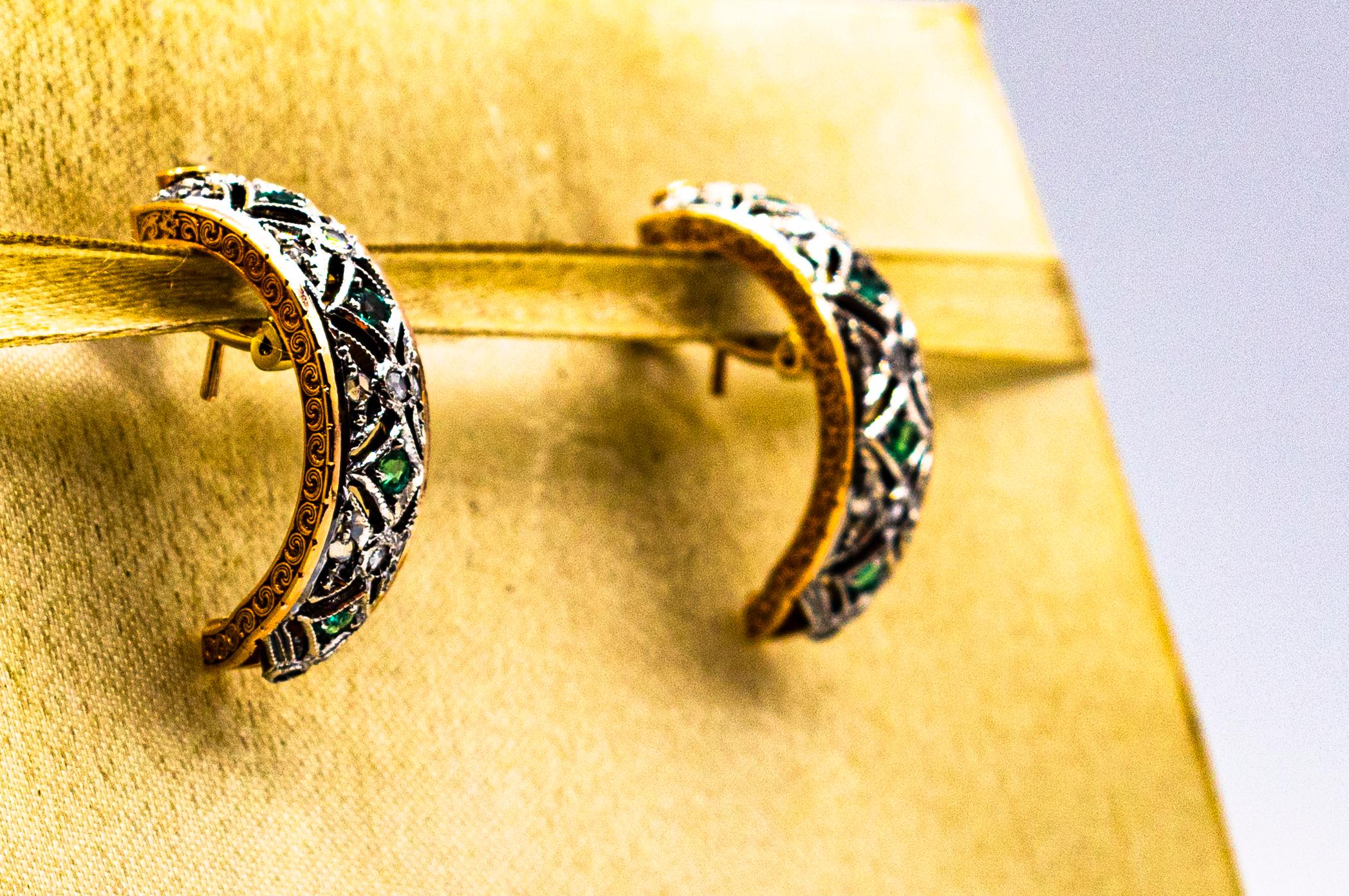 Women's or Men's Art Deco Style White Rose Cut Diamond Emerald Yellow Gold Clip-On Earrings For Sale