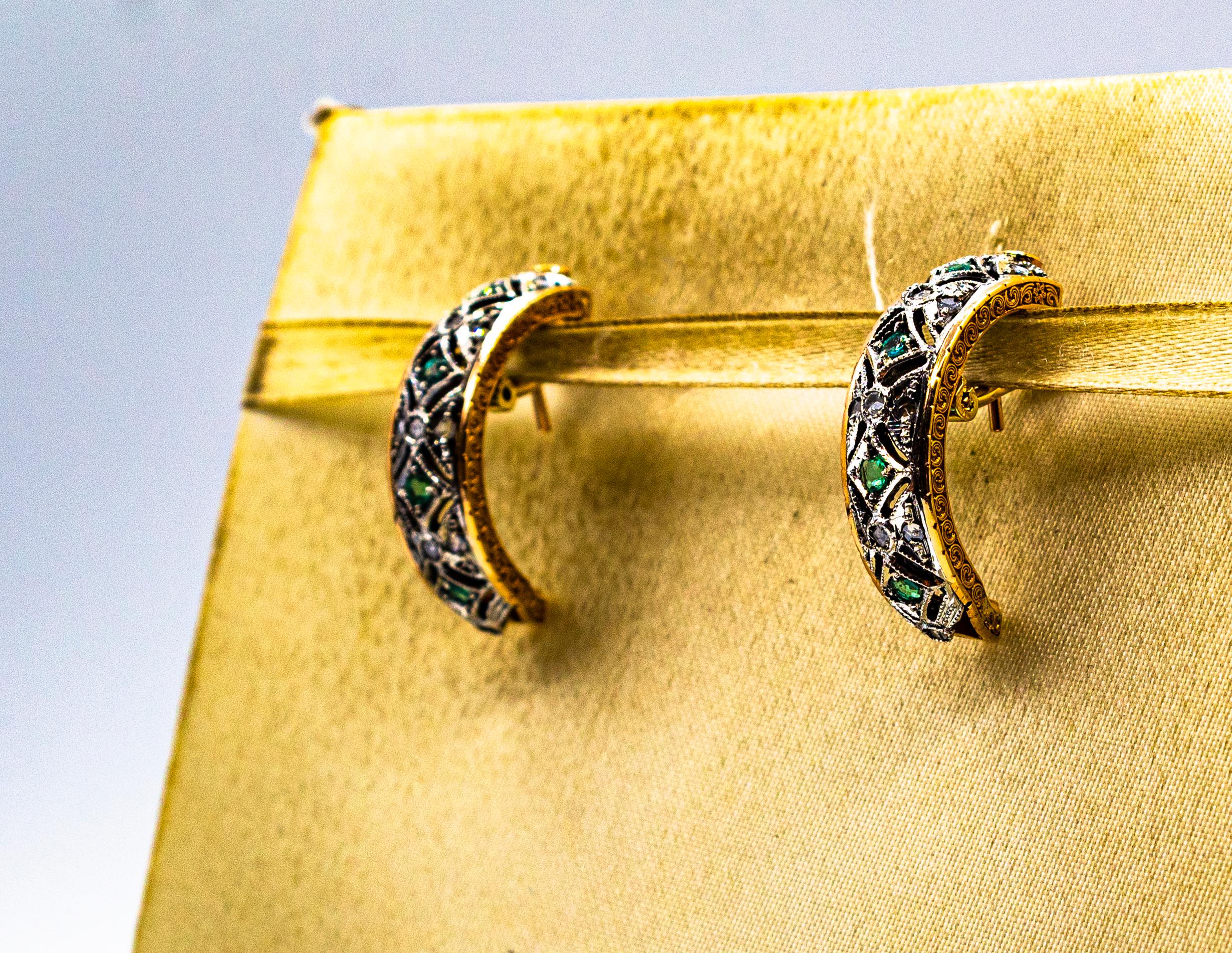 Art Deco Style White Rose Cut Diamond Emerald Yellow Gold Clip-On Earrings For Sale 1