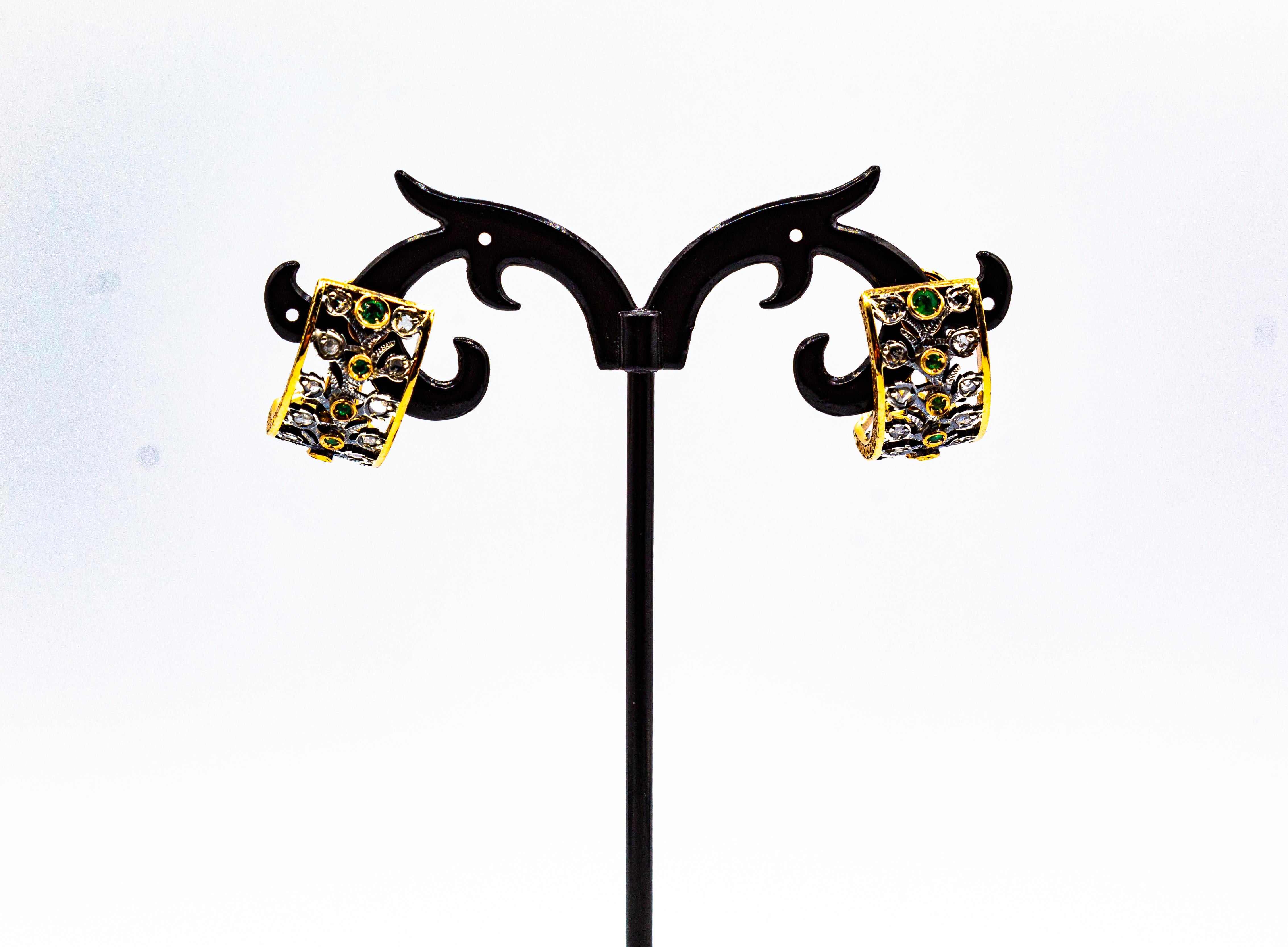 Art Deco Style White Rose Cut Diamond Emerald Yellow Gold Clip-On Earrings For Sale 2