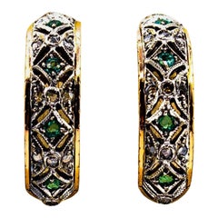 Art Deco Style White Rose Cut Diamond Emerald Yellow Gold Clip-On Earrings