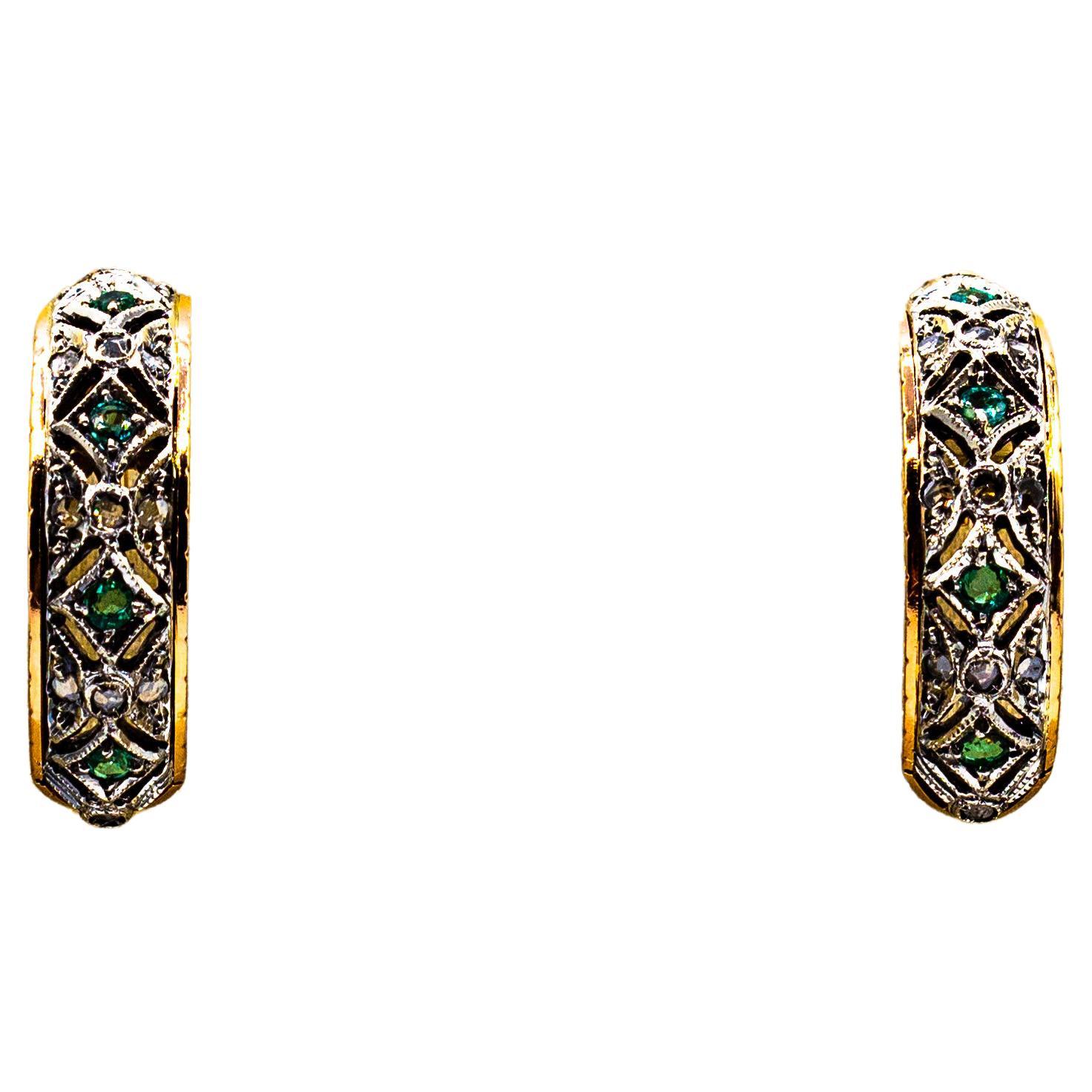 Art Deco Style White Rose Cut Diamond Emerald Yellow Gold Clip-On Earrings