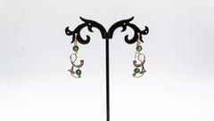 Art Deco Style White Rose Cut Diamond Emerald Yellow Gold Drop Earrings