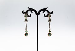 Art Deco Style White Rose Cut Diamond Emerald Yellow Gold Drop Earrings