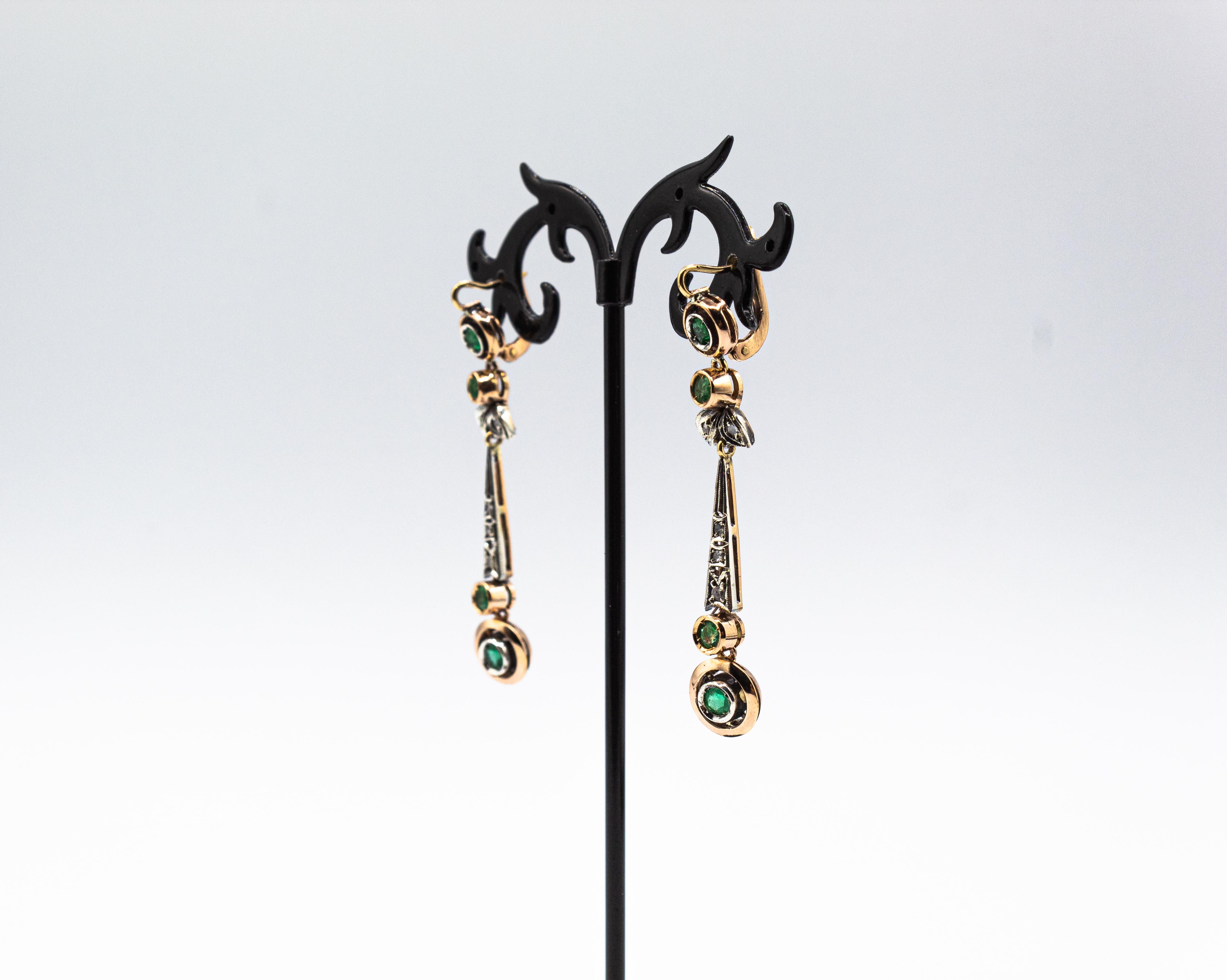 Art Deco Style White Rose Cut Diamond Emerald Yellow Gold Drop Earrings In New Condition In Naples, IT