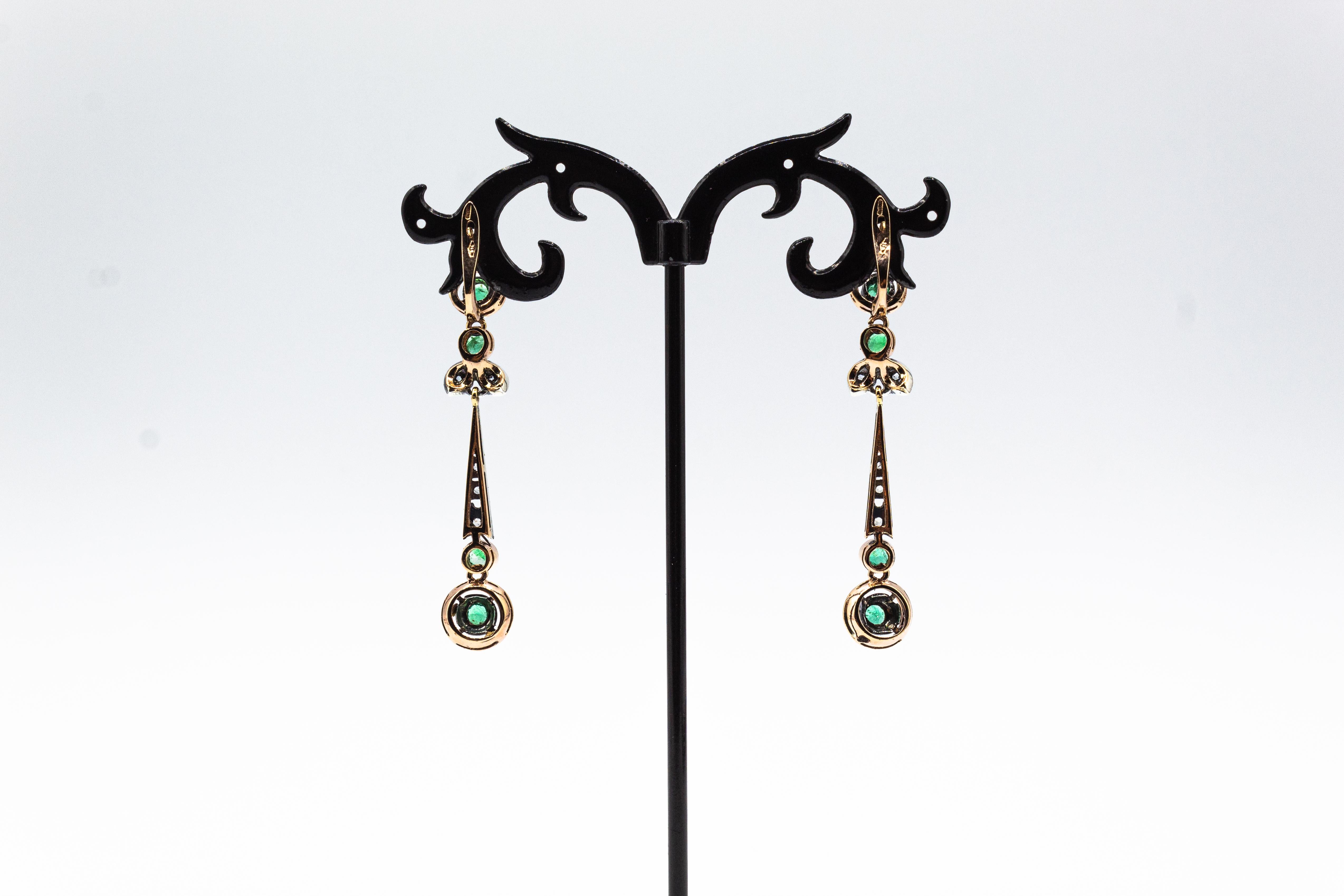 Women's or Men's Art Deco Style White Rose Cut Diamond Emerald Yellow Gold Drop Earrings