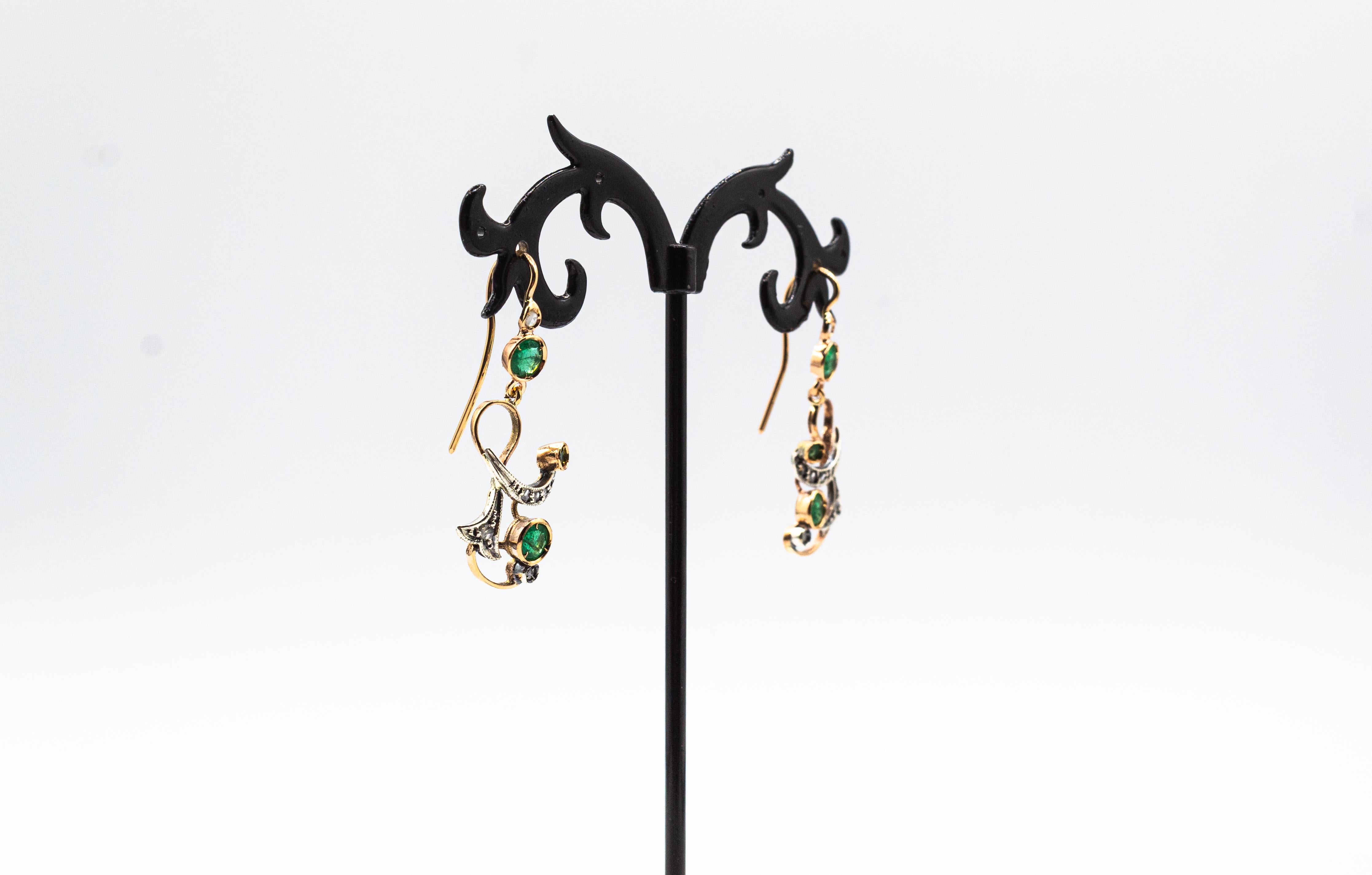 Women's or Men's Art Deco Style White Rose Cut Diamond Emerald Yellow Gold Drop Earrings For Sale