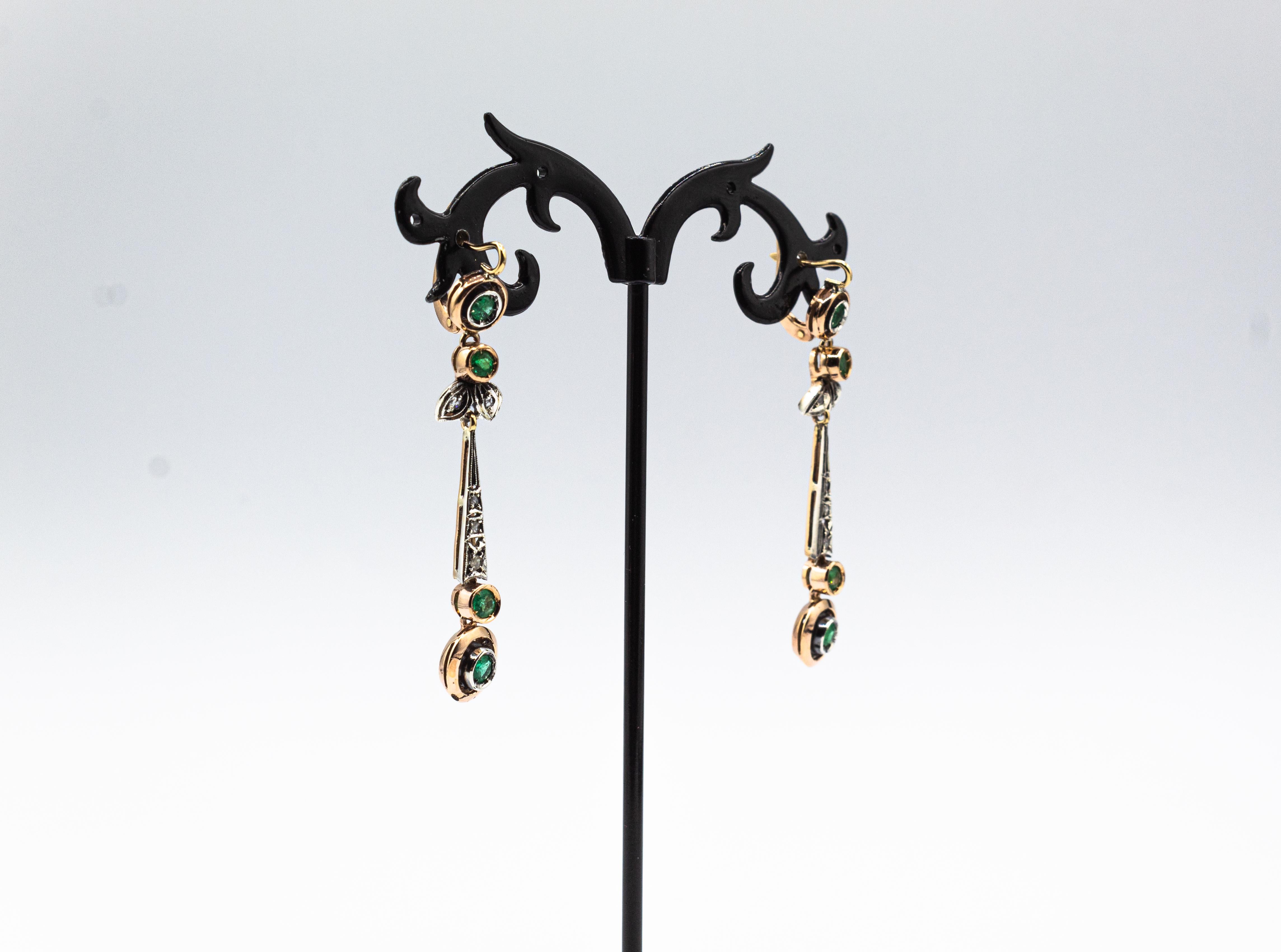 Art Deco Style White Rose Cut Diamond Emerald Yellow Gold Drop Earrings For Sale 1