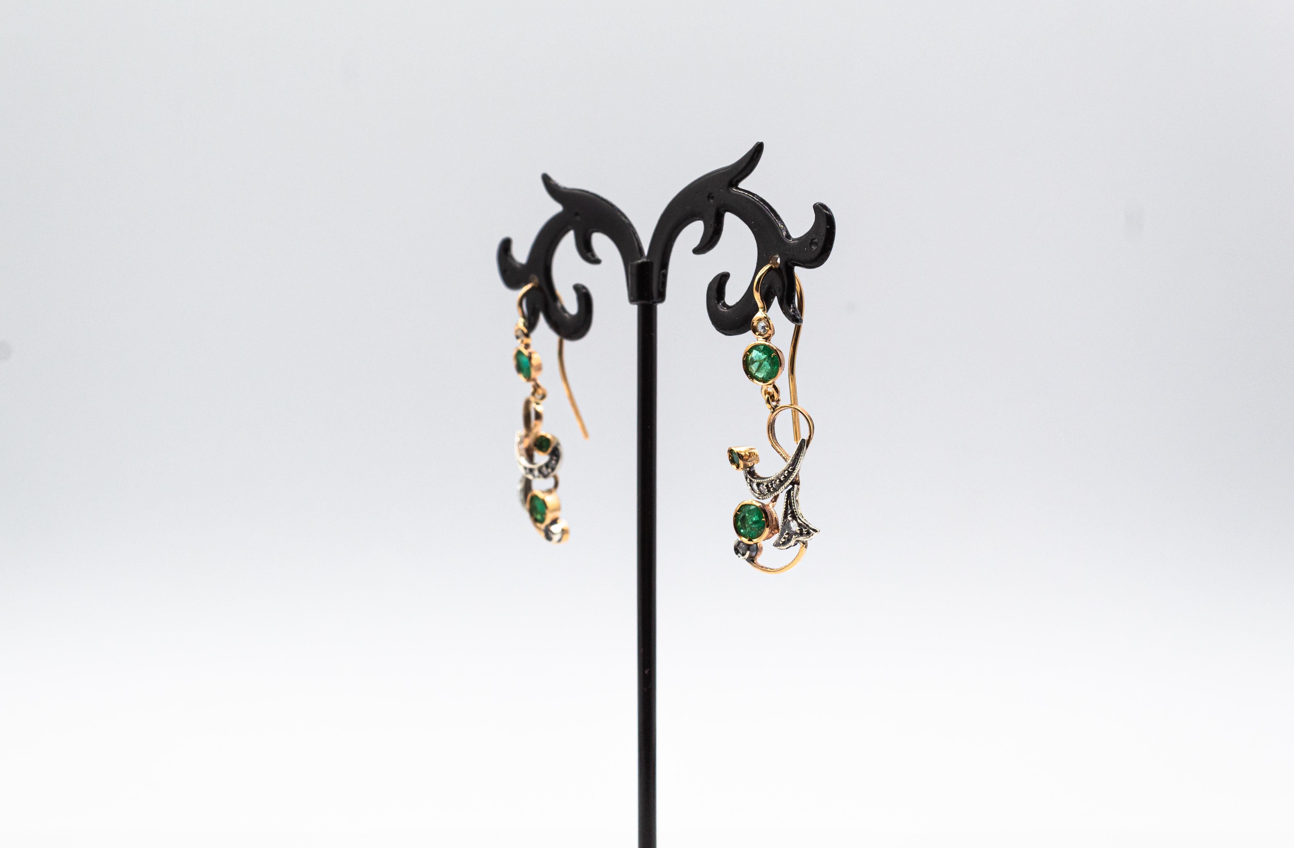 Art Deco Style White Rose Cut Diamond Emerald Yellow Gold Drop Earrings For Sale 2
