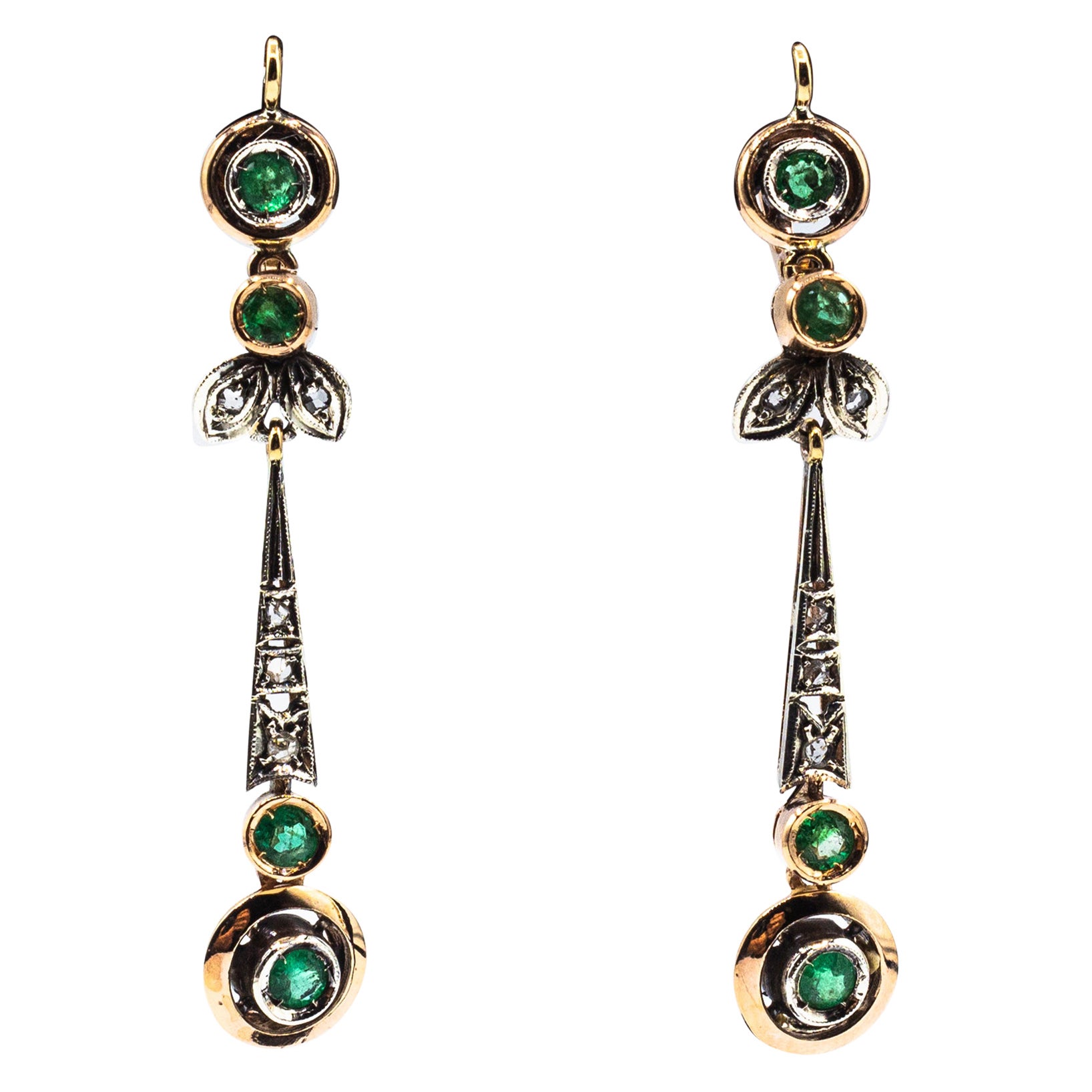 Art Deco Style White Rose Cut Diamond Emerald Yellow Gold Drop Earrings For Sale