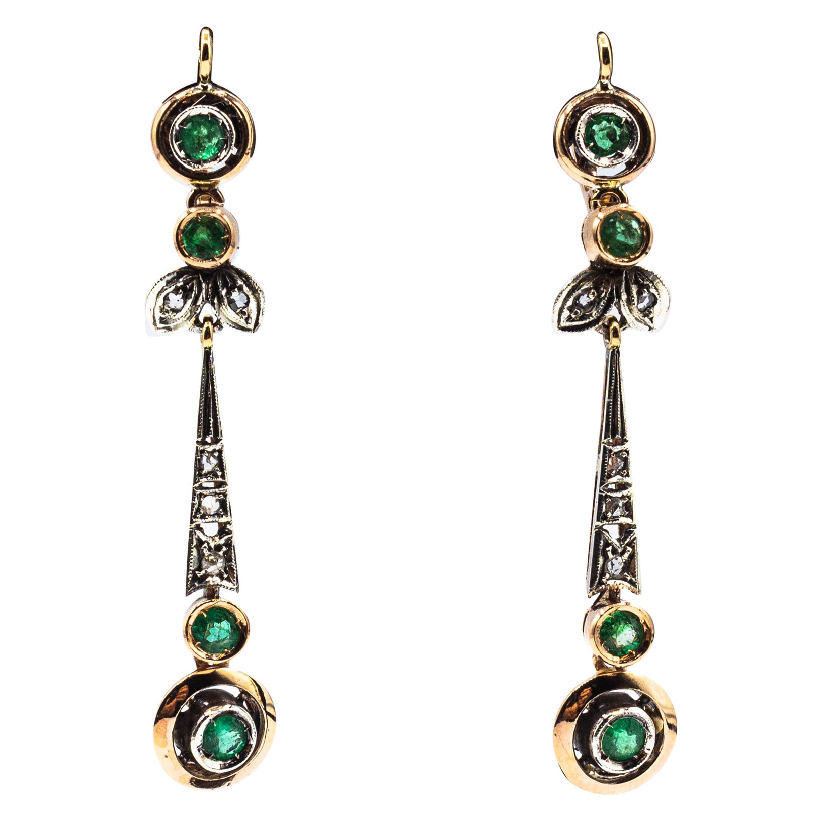 Art Deco Style White Rose Cut Diamond Emerald Yellow Gold Drop Earrings