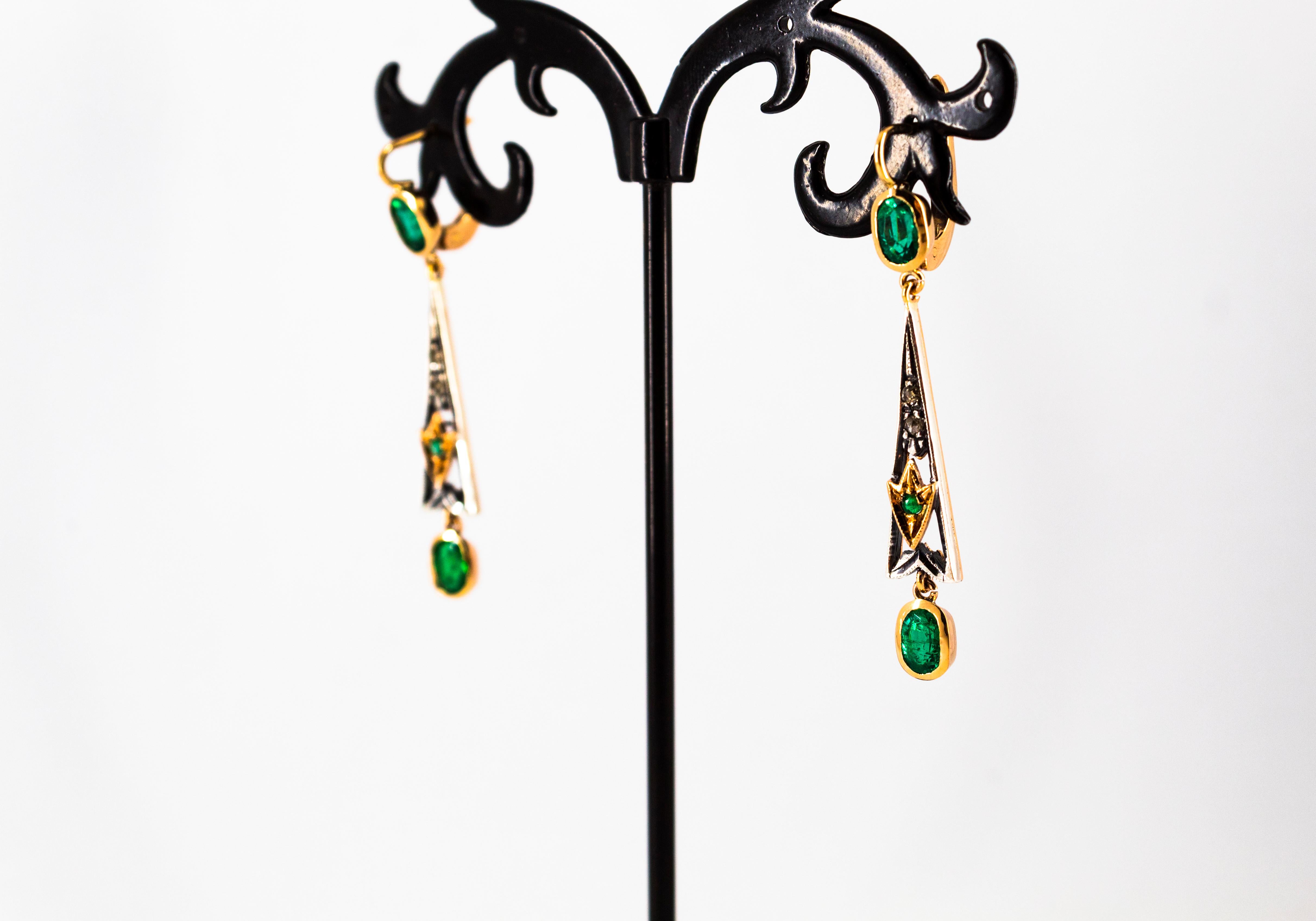 Art Deco Style White Rose Cut Diamond Emerald Yellow Gold Lever-Back Earrings 6
