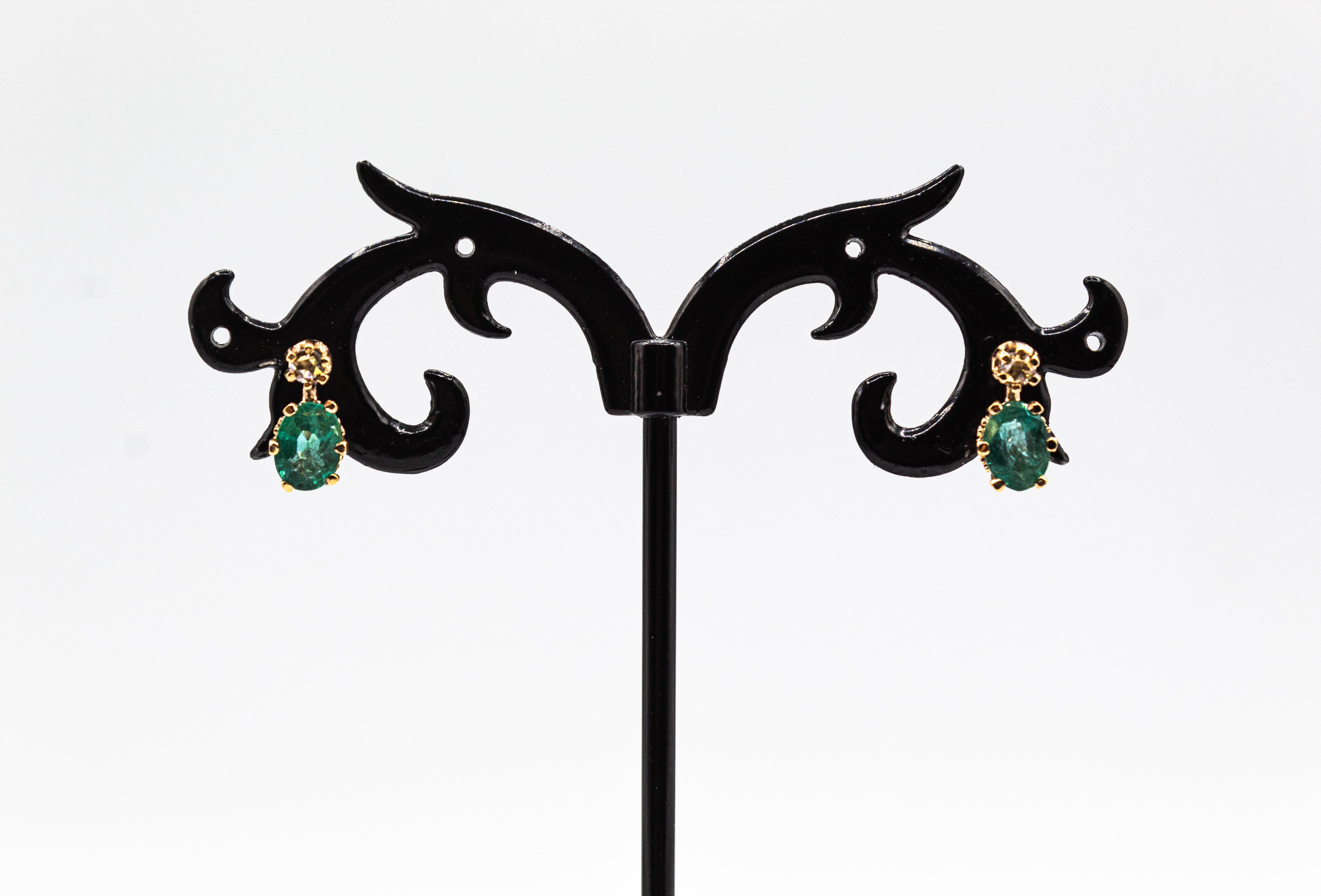 Art Deco Style White Rose Cut Diamond Emerald Yellow Gold Lever-Back Earrings For Sale 6