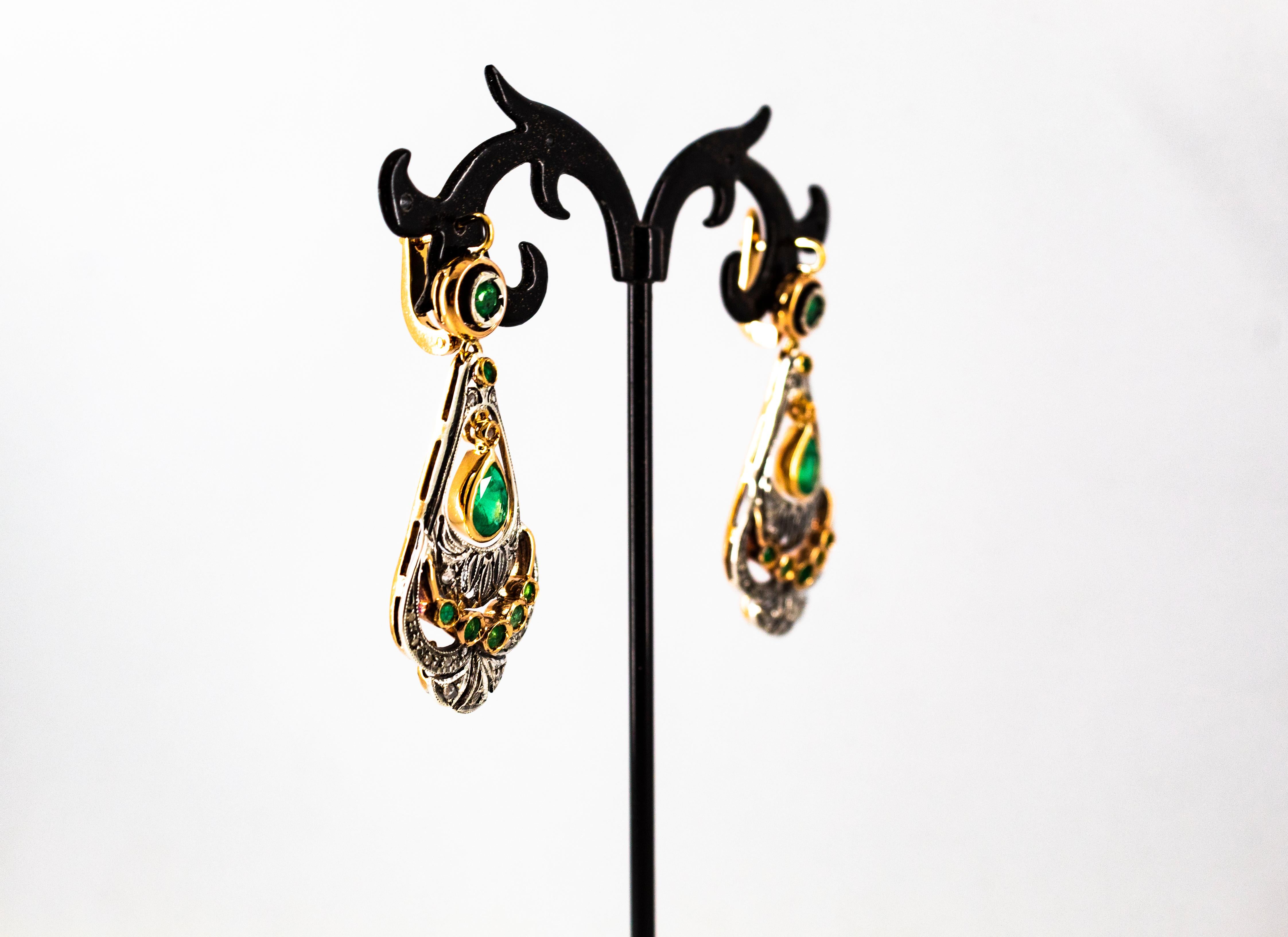 Boucles d'oreilles à levier de style Art déco en or jaune avec diamants blancs taille rose et émeraudes en vente 5