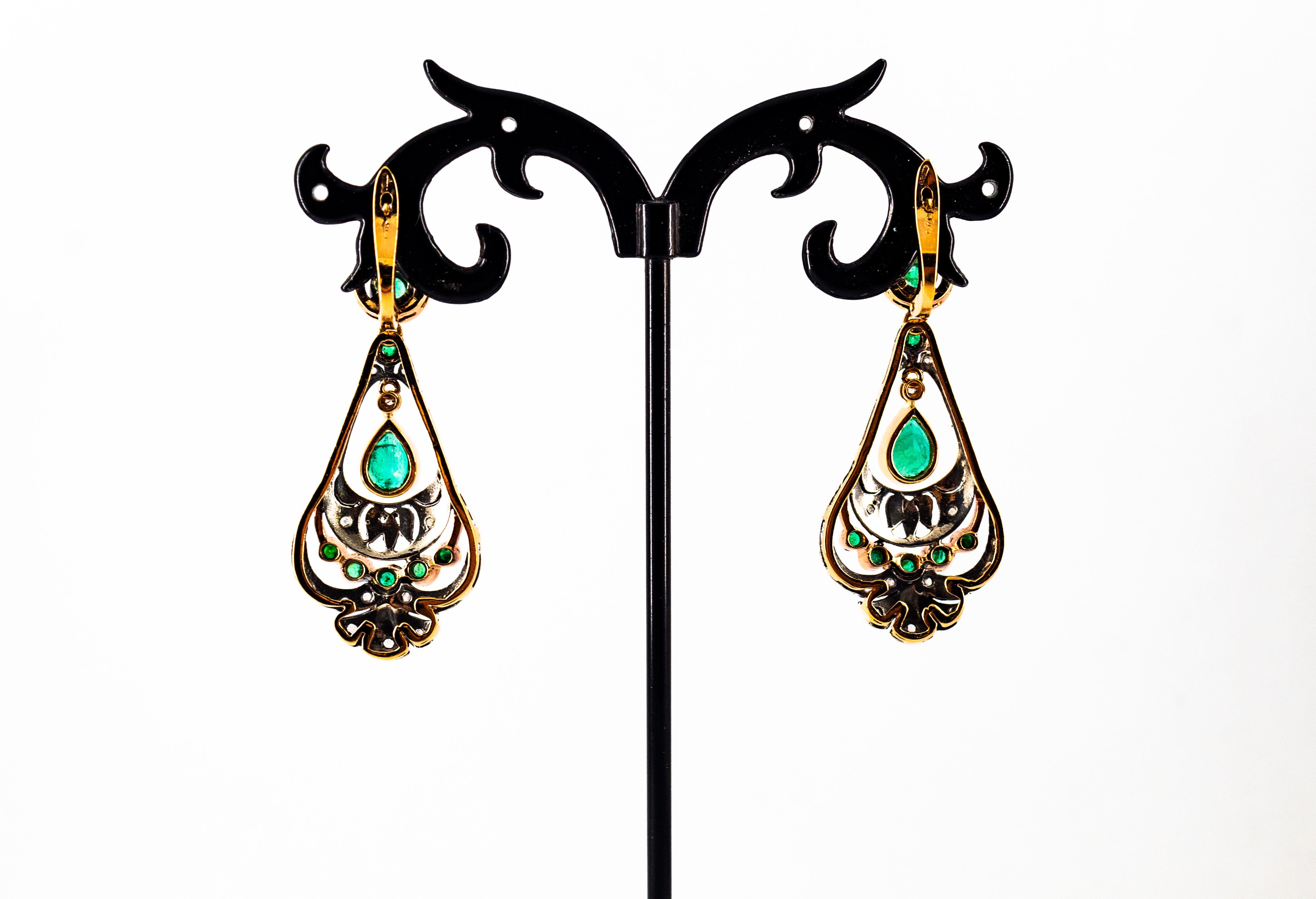 Art Deco Style White Rose Cut Diamond Emerald Yellow Gold Lever-Back Earrings 7