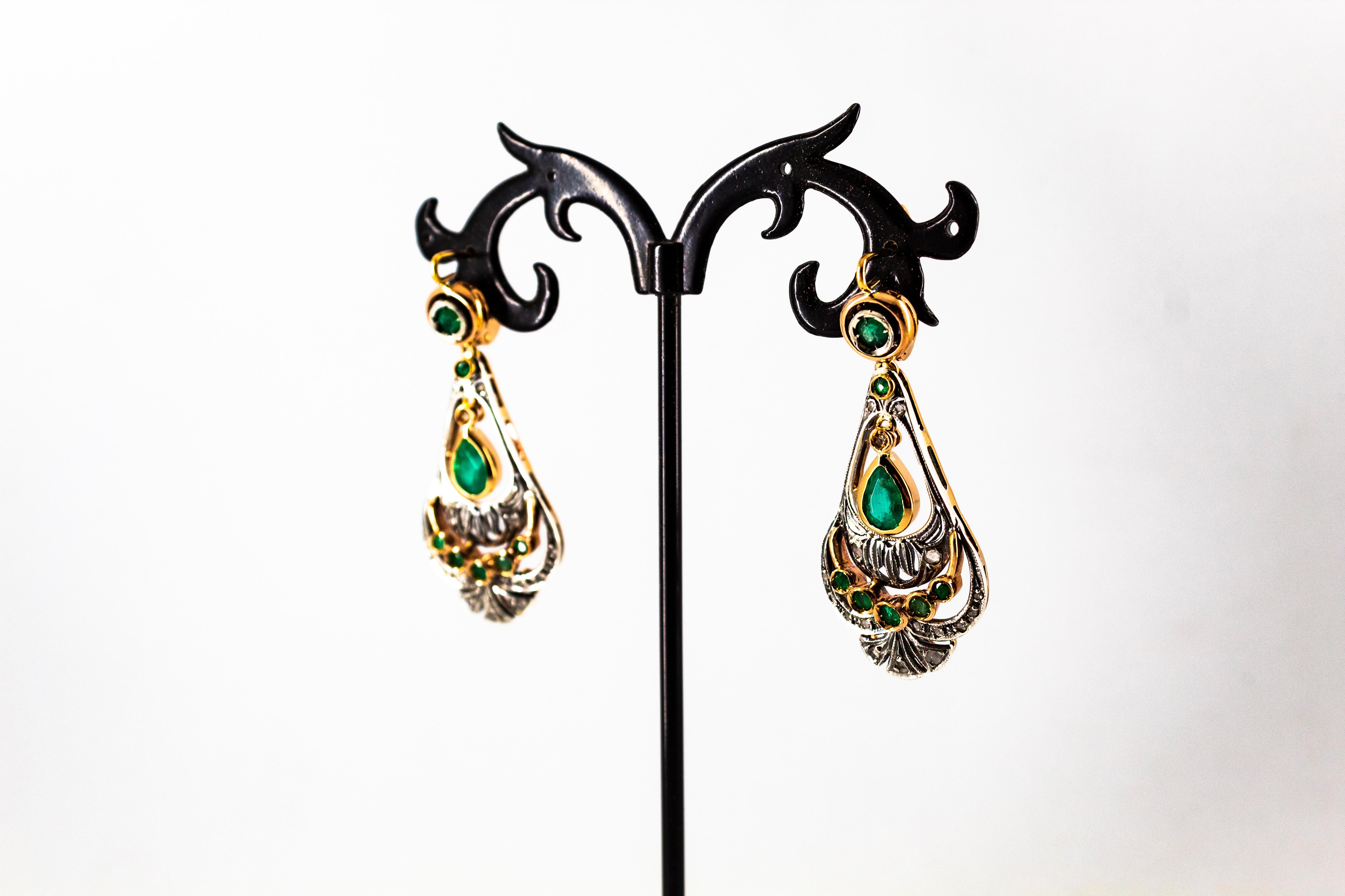 Art Deco Style White Rose Cut Diamond Emerald Yellow Gold Lever-Back Earrings 8