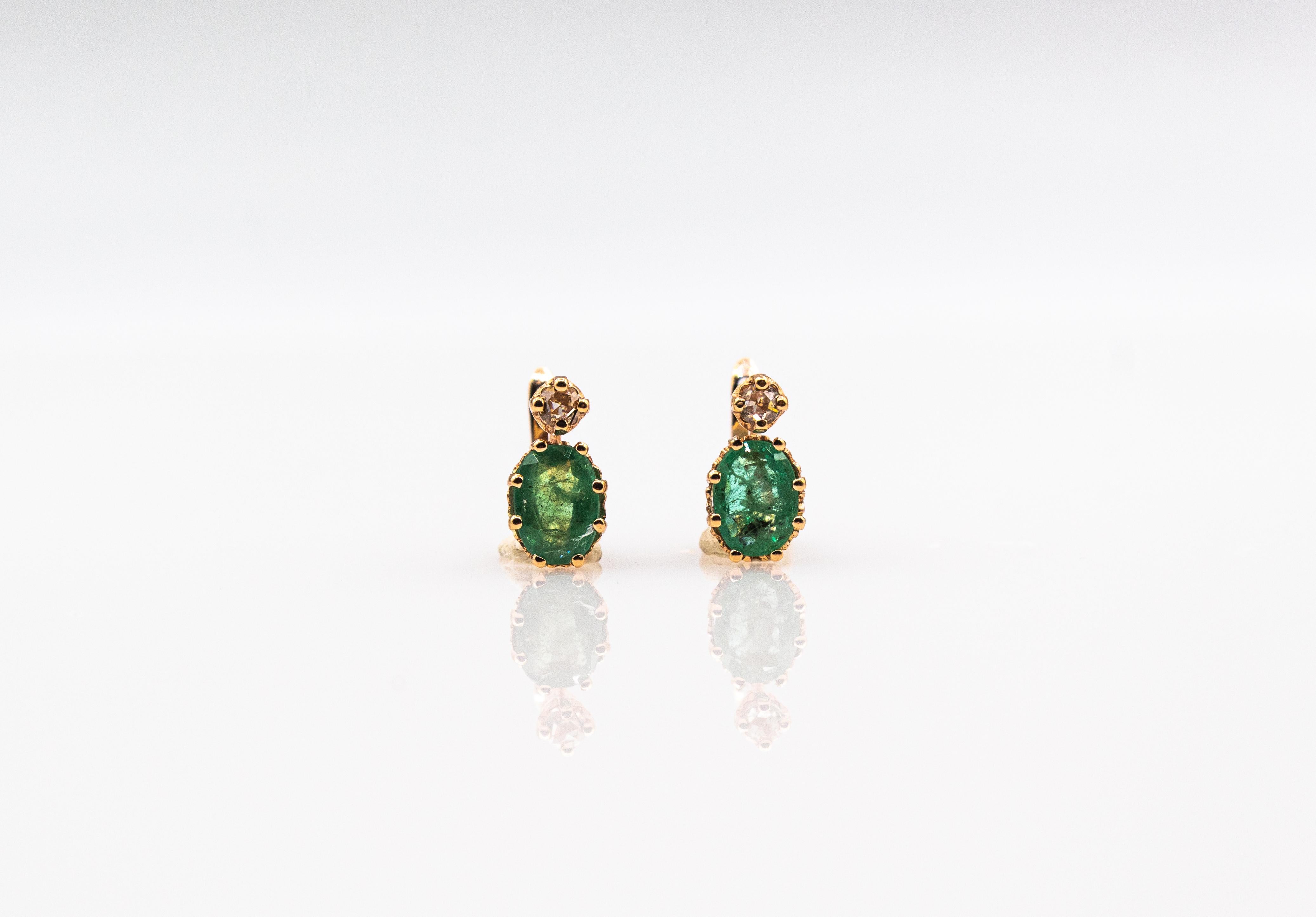 Art Deco Style White Rose Cut Diamond Emerald Yellow Gold Lever-Back Earrings For Sale 9