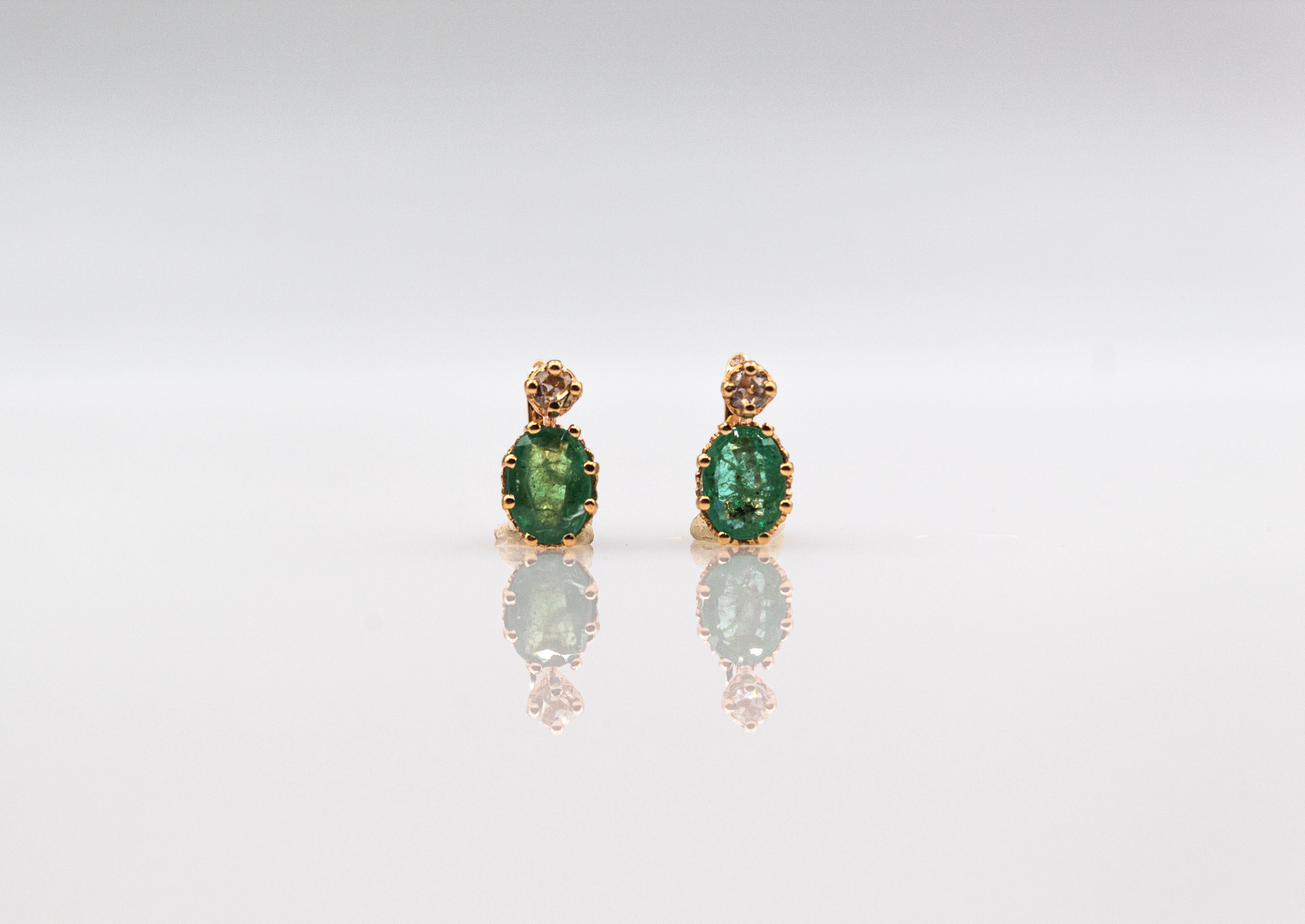 Art Deco Style Weißer Diamant im Rosenschliff Smaragd Gelbgold Ohrringe mit Hebelverschluss im Angebot 9