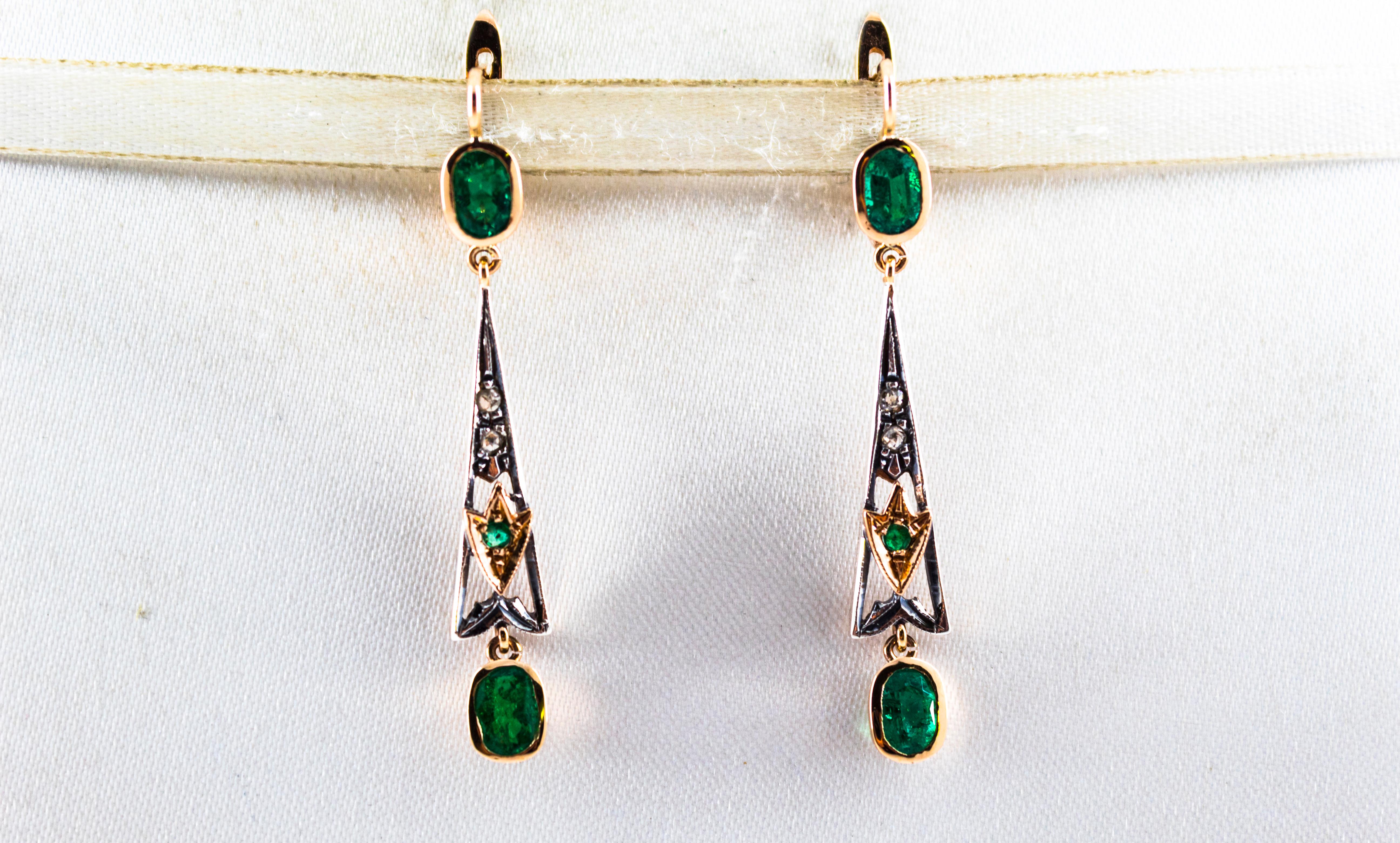 These Lever-Back Earrings are made of 9K Yellow Gold and Sterling Silver.
These Earrings have 0.06 Carats of White Rose Cut Diamonds.
These Earrings have also 2.10 Carat of Emeralds.

These Earrings are available also with Rubies or Blue