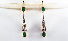 Art Deco Style White Rose Cut Diamond Emerald Yellow Gold Lever-Back Earrings