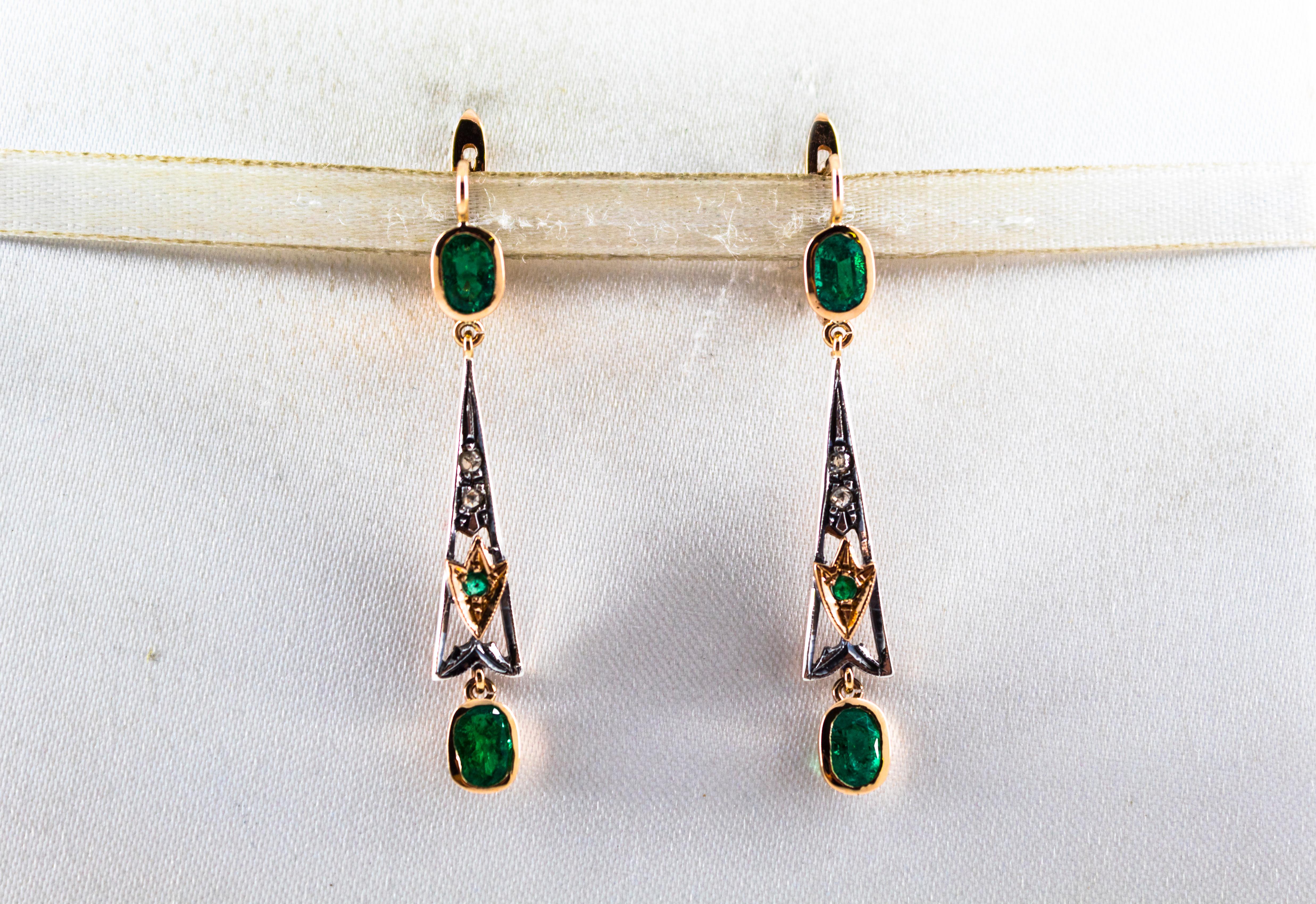 Art Deco Style White Rose Cut Diamond Emerald Yellow Gold Lever-Back Earrings In New Condition In Naples, IT