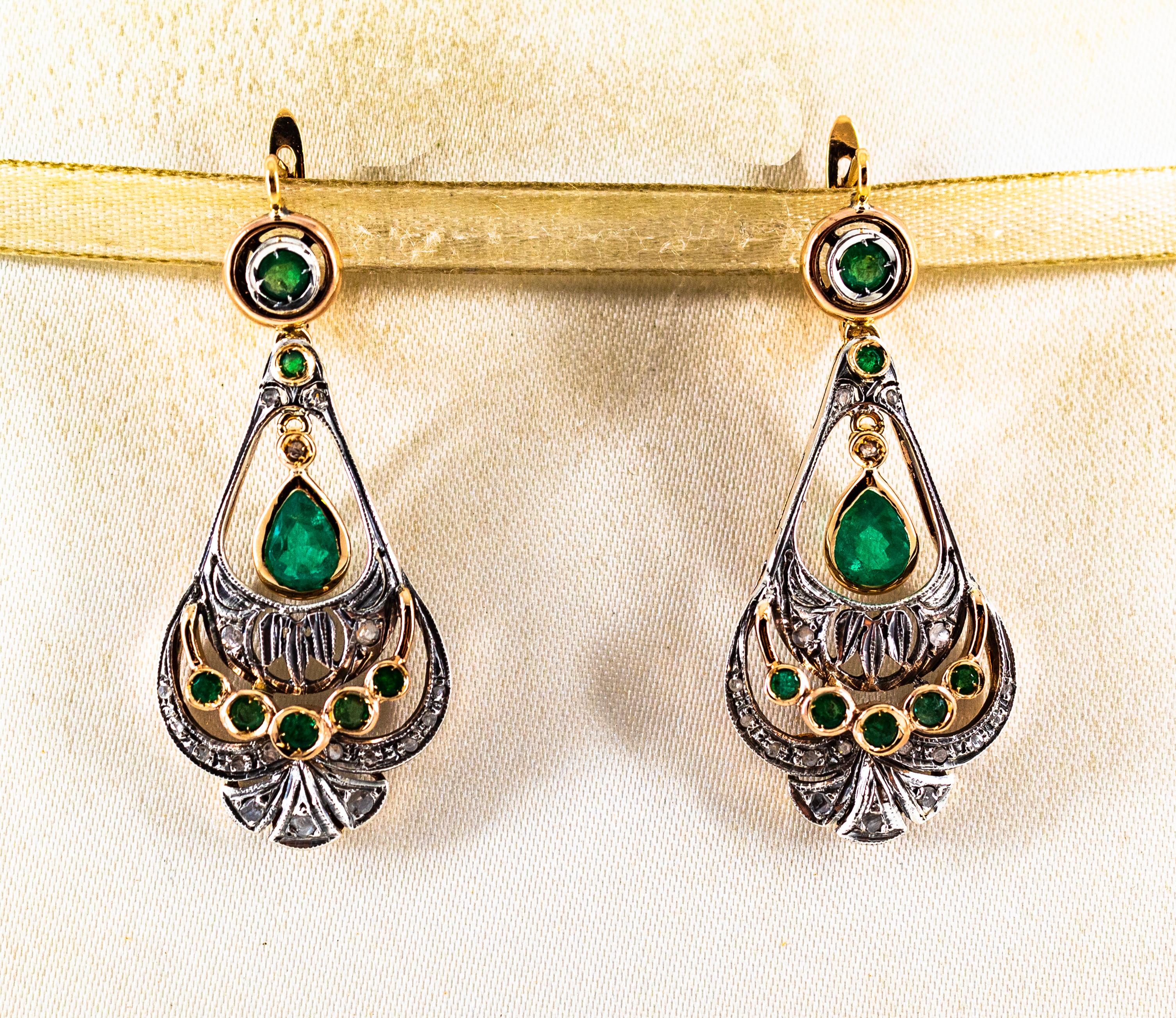 Art Deco Style White Rose Cut Diamond Emerald Yellow Gold Lever-Back Earrings In New Condition In Naples, IT