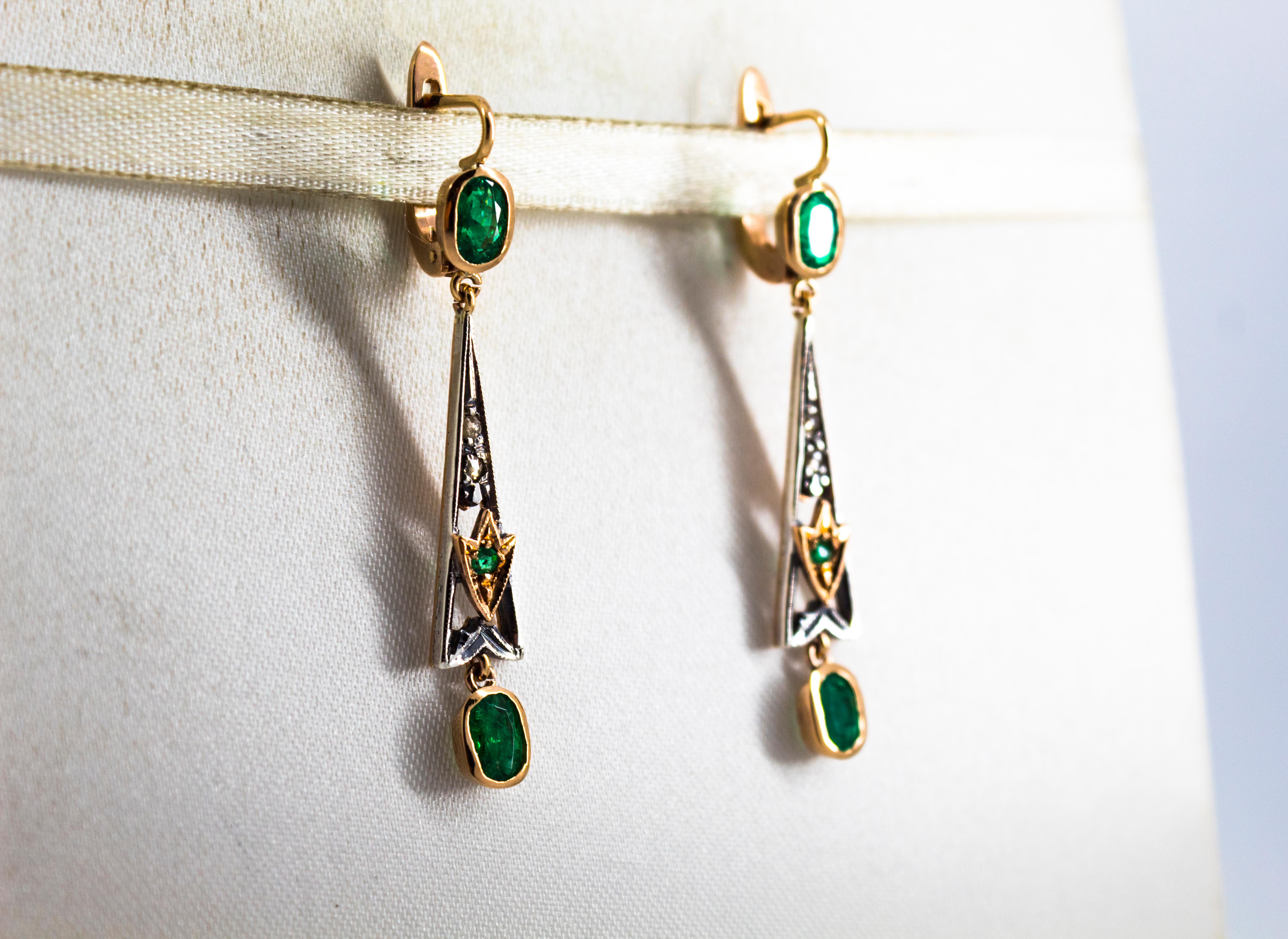 Women's or Men's Art Deco Style White Rose Cut Diamond Emerald Yellow Gold Lever-Back Earrings For Sale