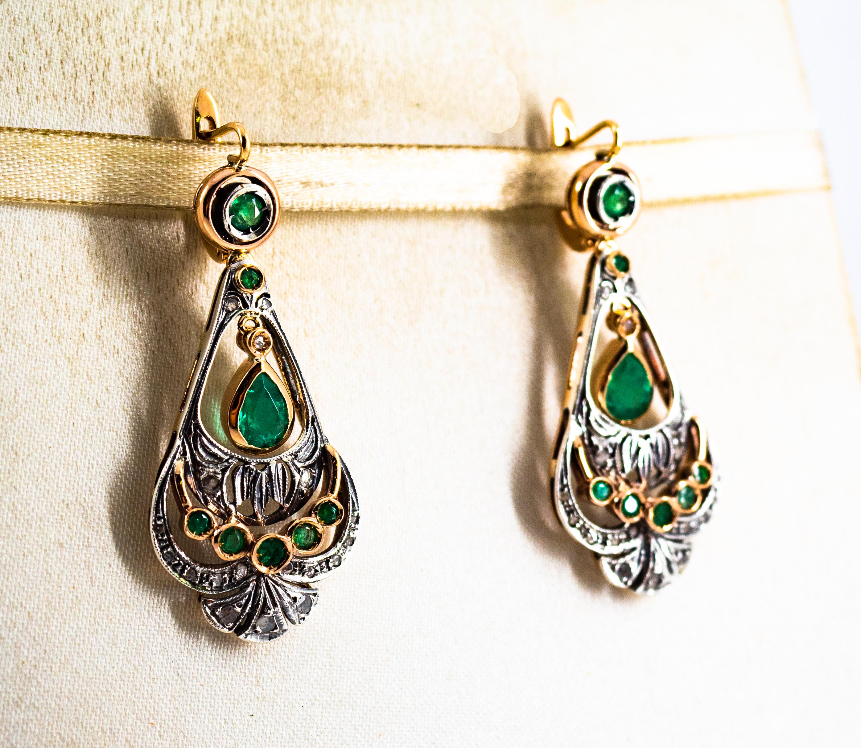 Women's or Men's Art Deco Style White Rose Cut Diamond Emerald Yellow Gold Lever-Back Earrings For Sale