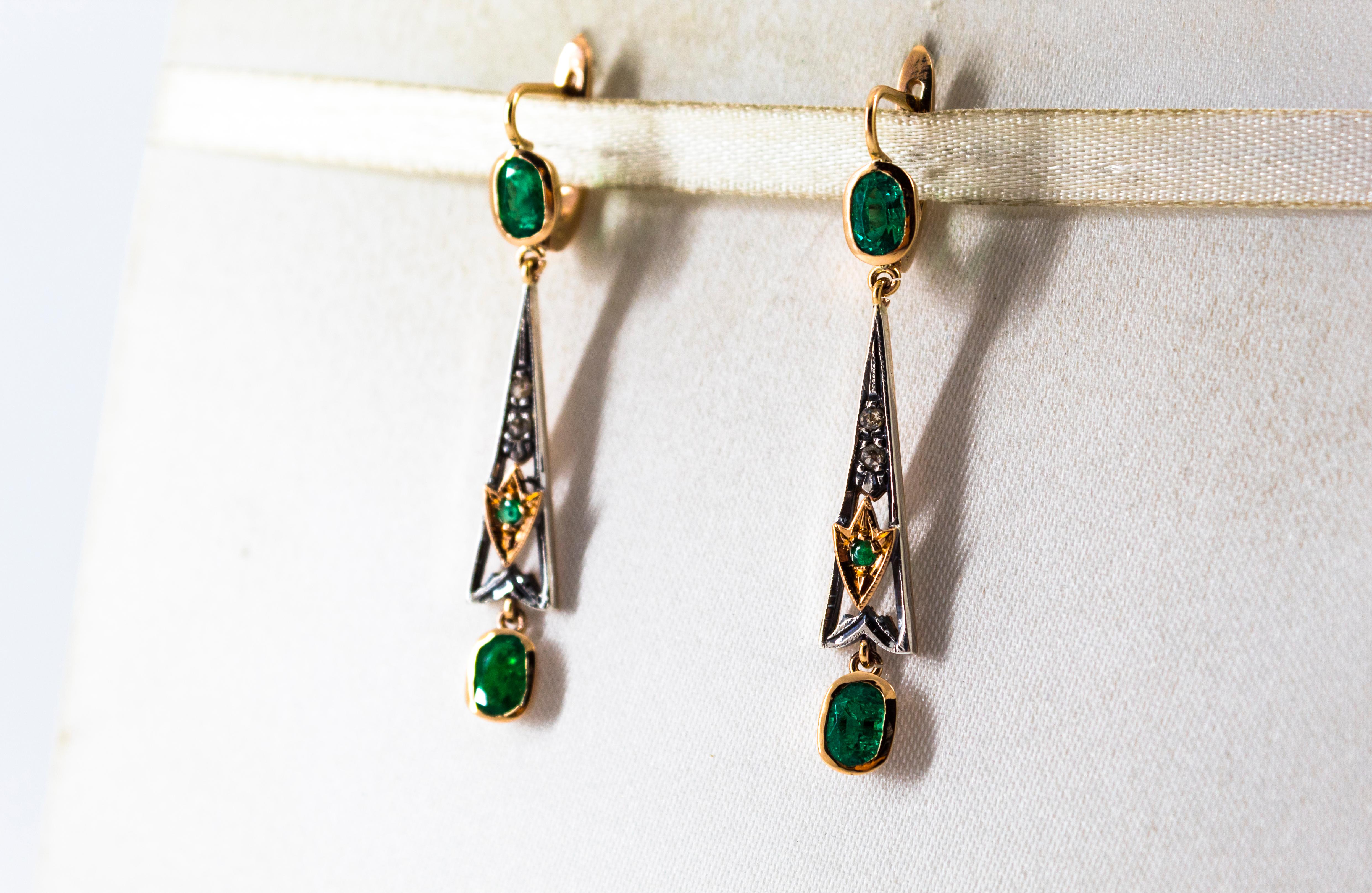 Art Deco Style White Rose Cut Diamond Emerald Yellow Gold Lever-Back Earrings 1