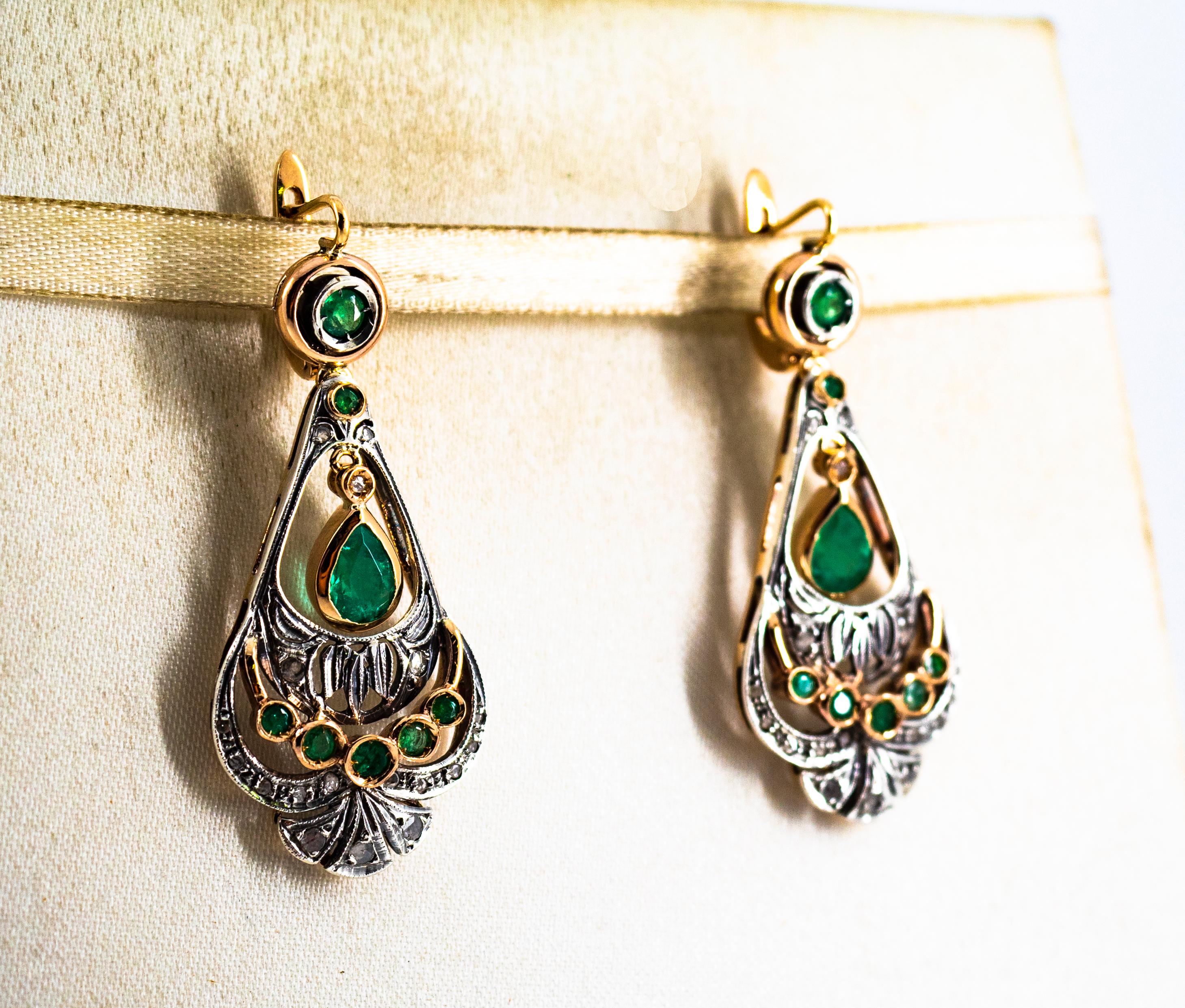 Art Deco Style White Rose Cut Diamond Emerald Yellow Gold Lever-Back Earrings 1