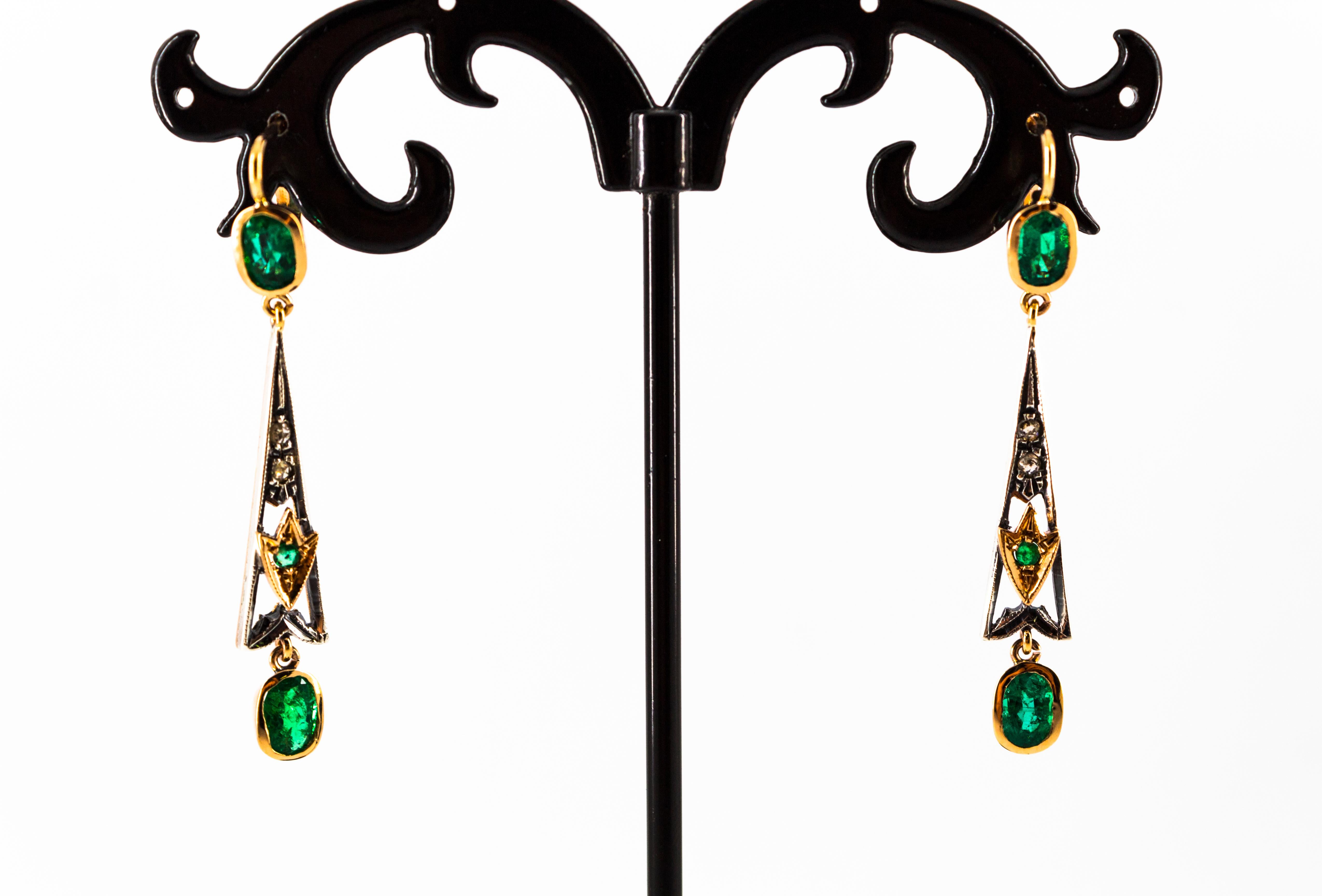 Art Deco Style White Rose Cut Diamond Emerald Yellow Gold Lever-Back Earrings 2