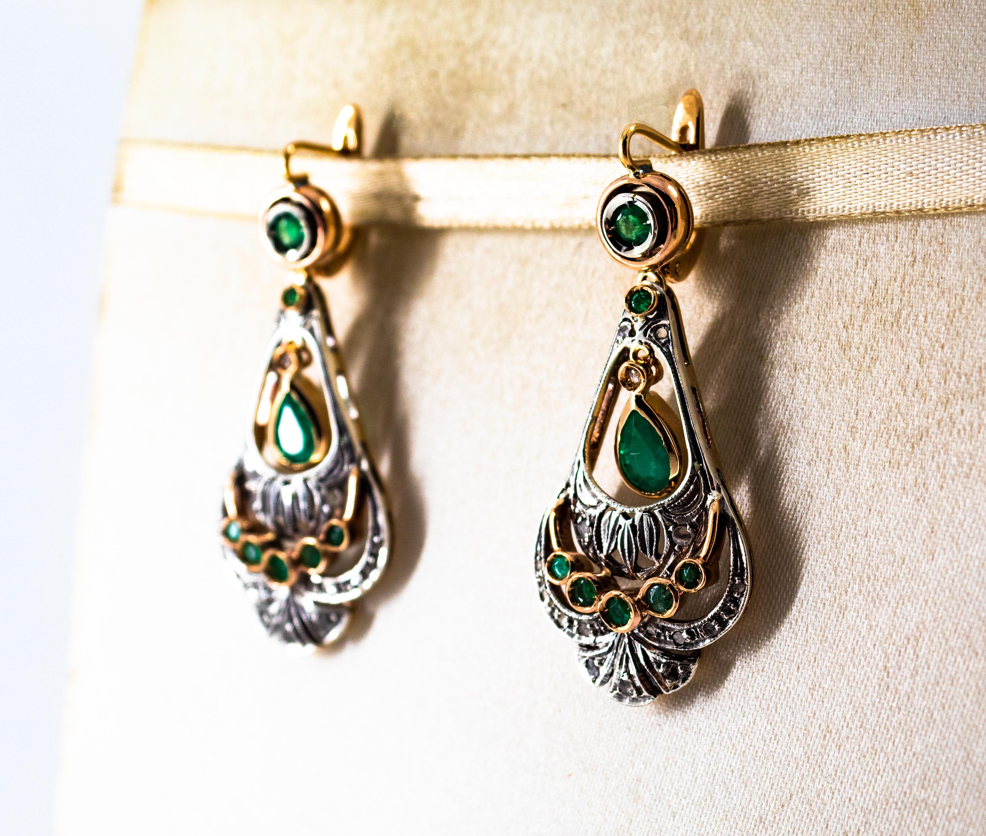 Art Deco Style White Rose Cut Diamond Emerald Yellow Gold Lever-Back Earrings 2