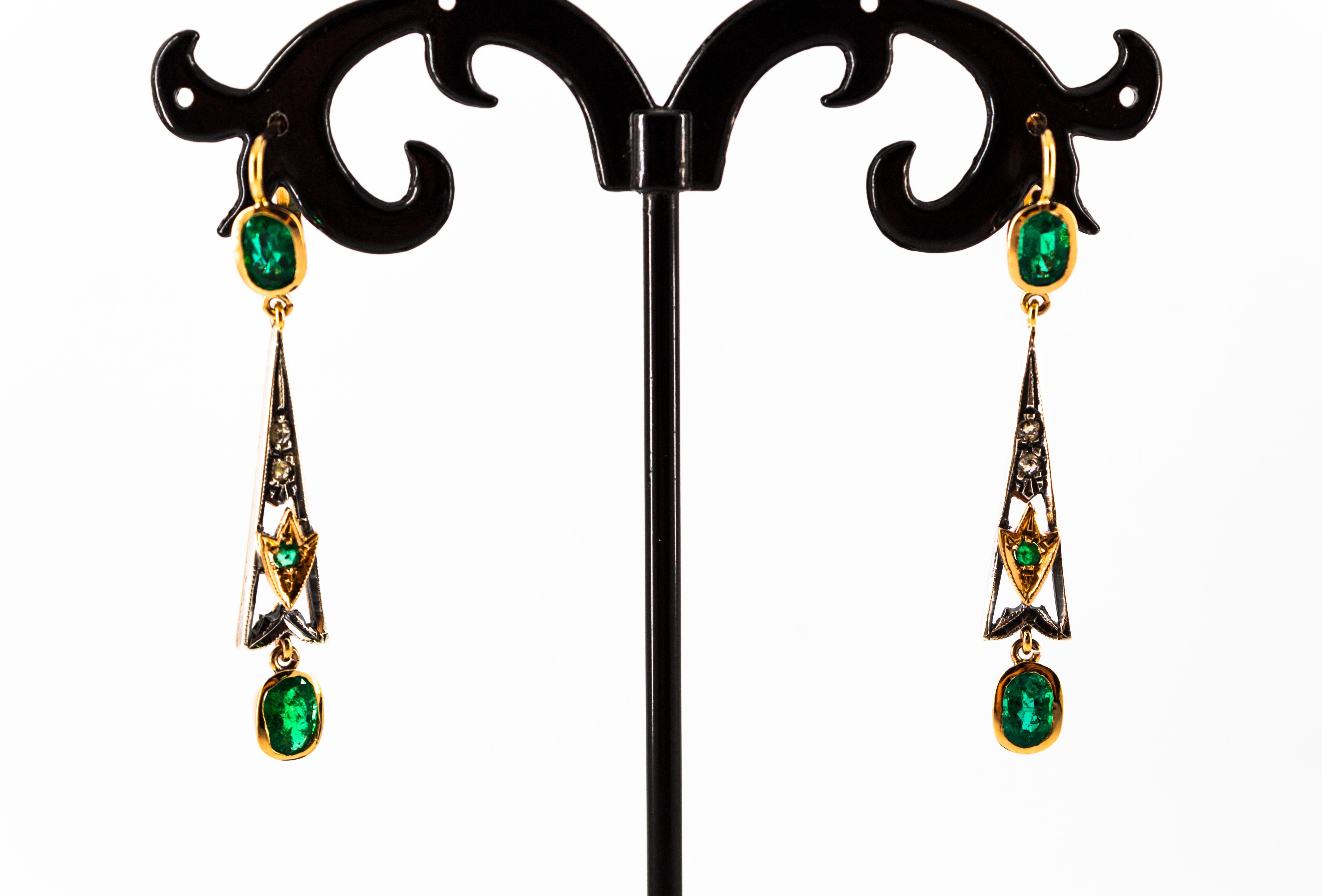 Art Deco Style White Rose Cut Diamond Emerald Yellow Gold Lever-Back Earrings For Sale 2