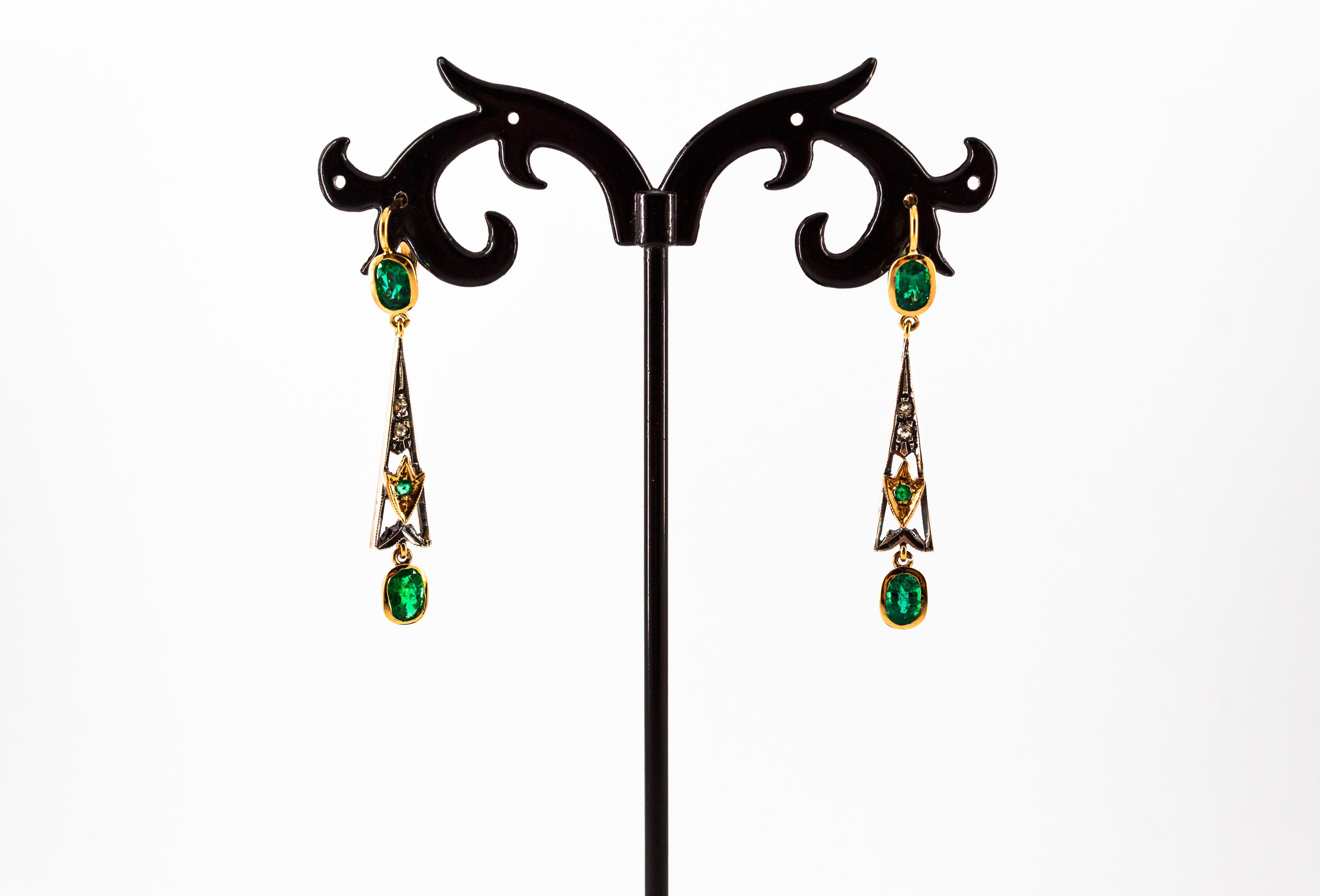 Art Deco Style White Rose Cut Diamond Emerald Yellow Gold Lever-Back Earrings For Sale 3