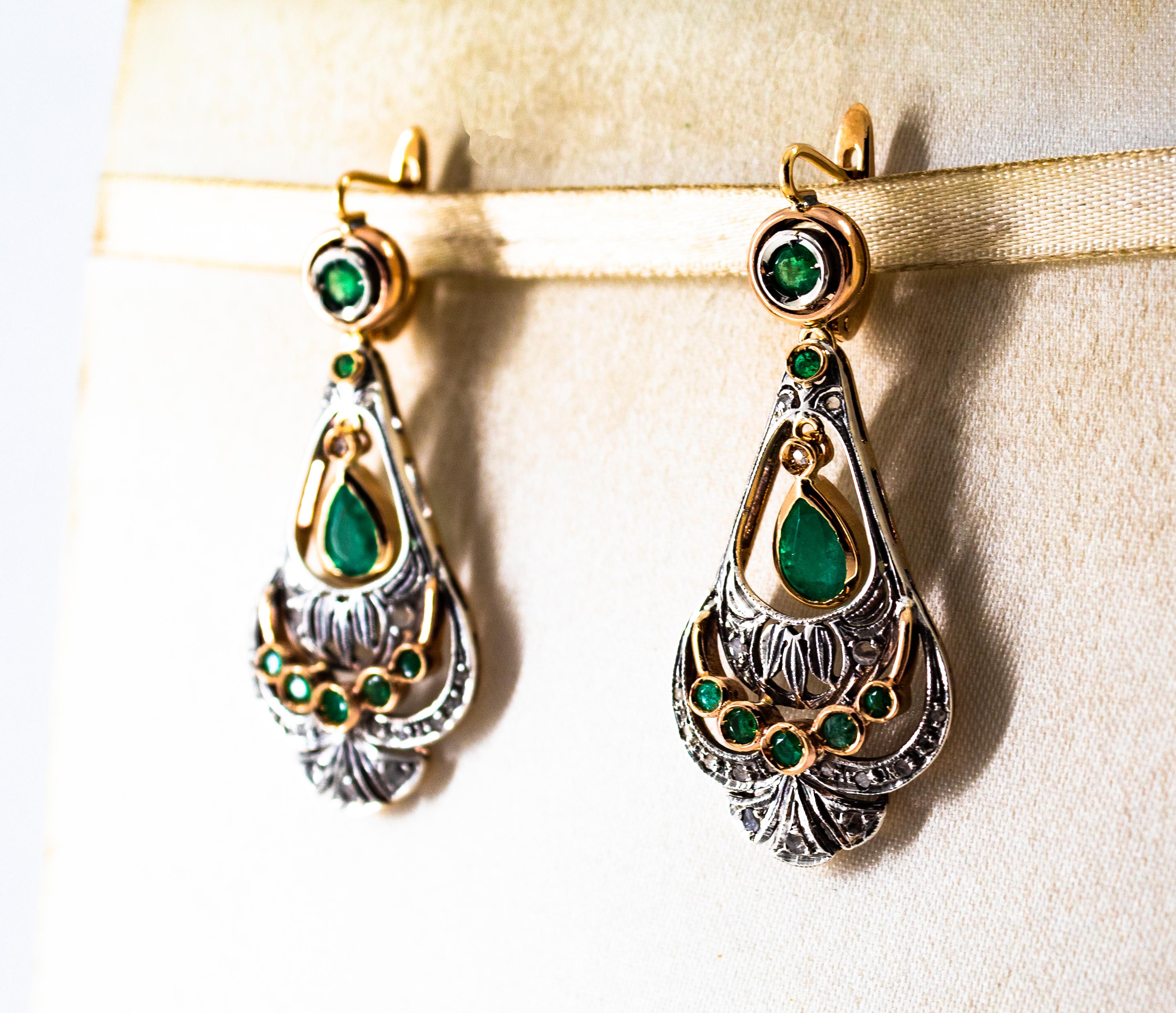 Art Deco Style White Rose Cut Diamond Emerald Yellow Gold Lever-Back Earrings 3