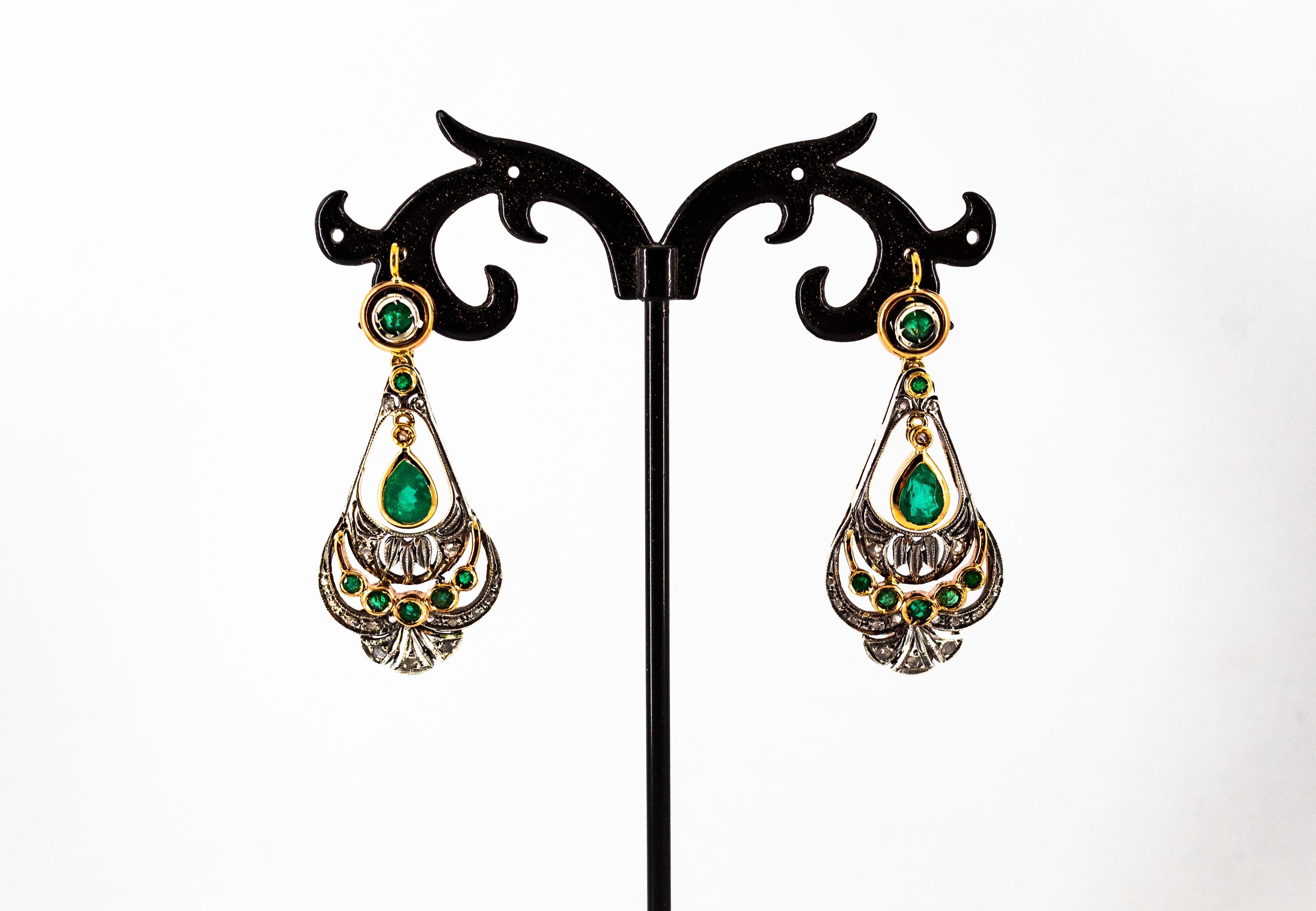 Art Deco Style White Rose Cut Diamond Emerald Yellow Gold Lever-Back Earrings 4